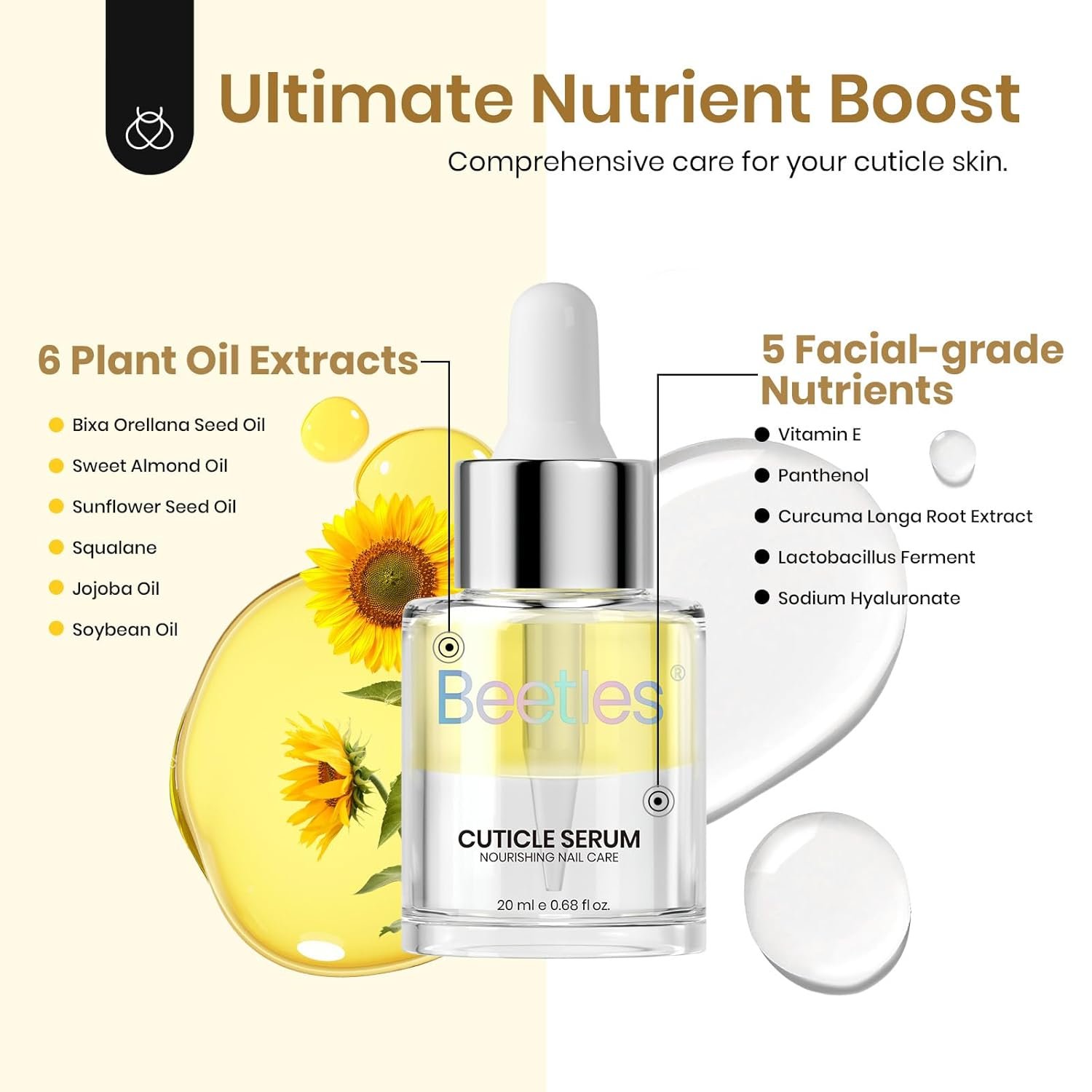 Beetles 20ml Cuticle Oil Nail Oil Care for Nail, Hydrating Oil For Repaired Cuticles, Remedy For Damaged Skin and Thin Nails with Vitamin E Cuticle Softener Nail Repair Organic Nail and Cuticle Oil - Image 4