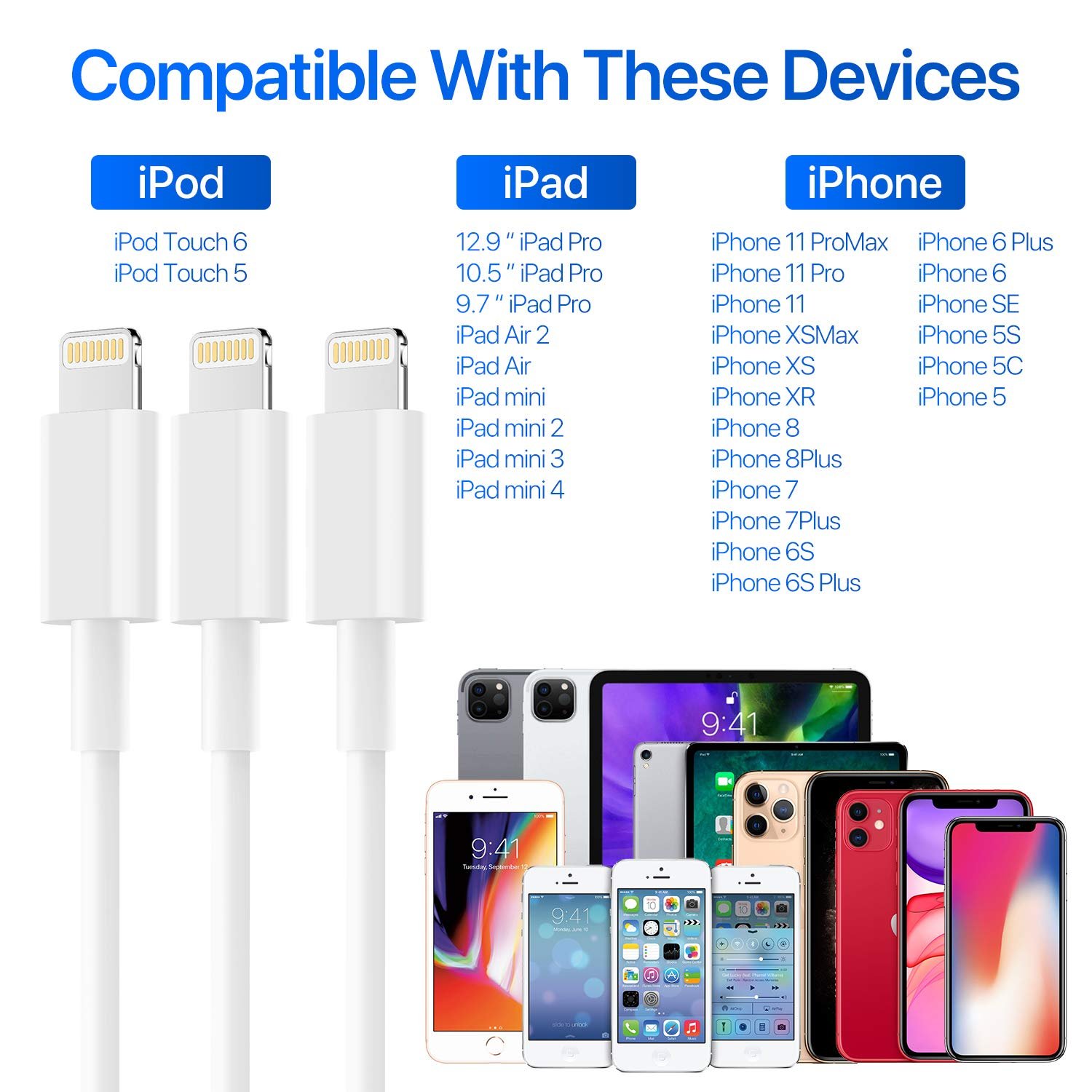 iPhone Charger AUNC 3PACK 6Feed Long Lightning to USB Charging Cable Fast Connector Data Sync Transfer Core Compatible with iPhone 14/iPhone 11/Xs Max/X/8/7/Plus/6S/6/SE/5S iPad - Image 3