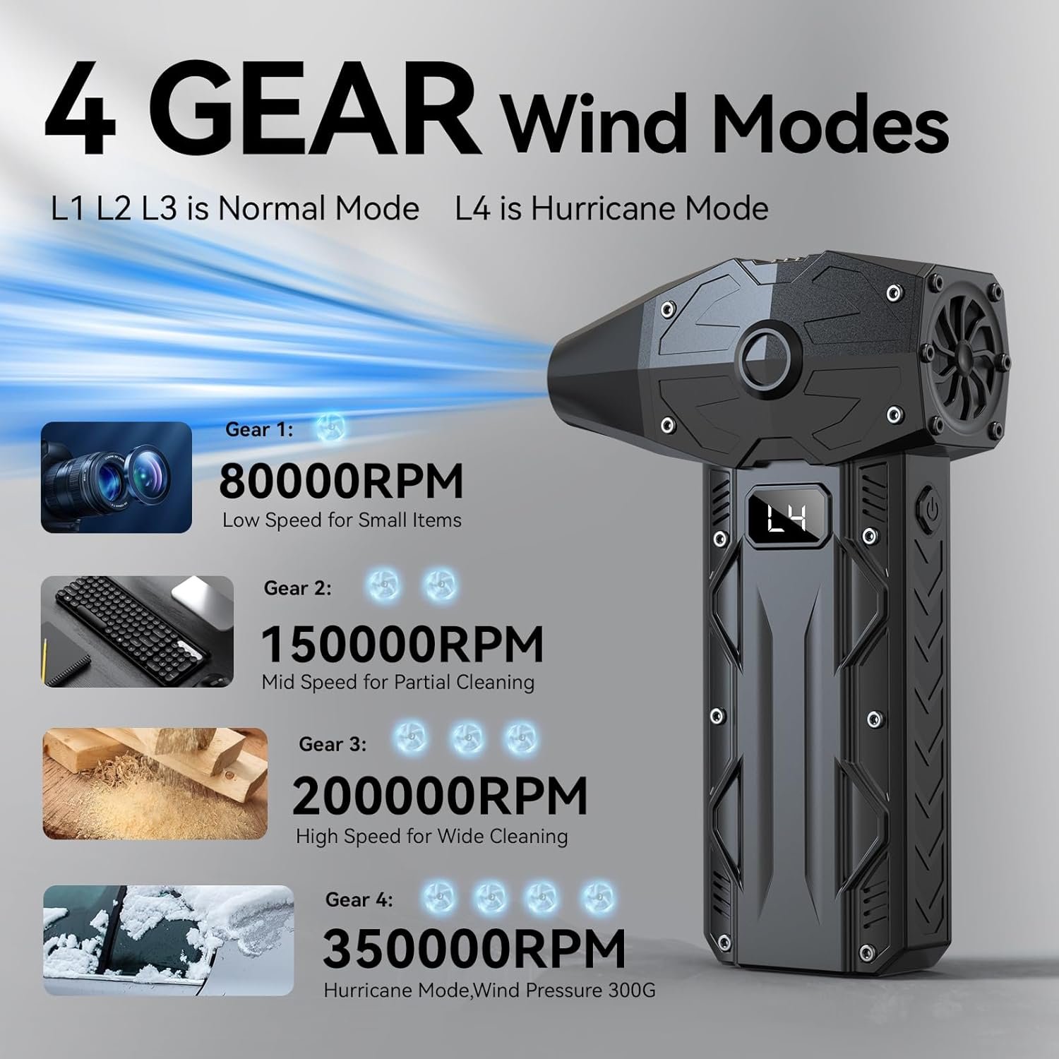 V9 Compressed Air Duster,4 Gear 350000RPM Adjustable Electric Air Duster with HD Display, 8000mAh Rechargeable Jet Dry Blower as Keyboard Cleaner PC Cleaning Kit,Air Broom Replaces Compressed Air Can - Image 4