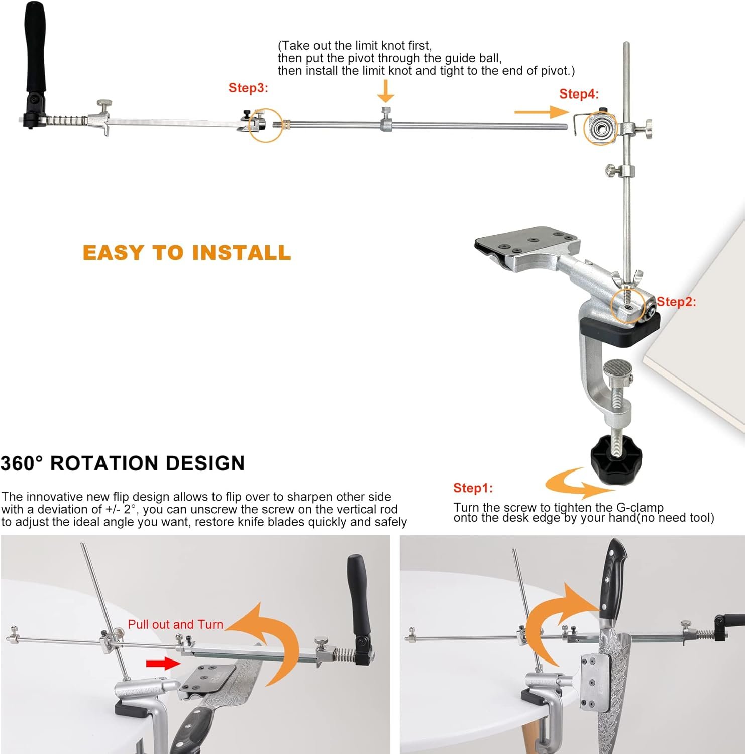 RUIXIN PRO RX-008 Kitchen Knife Sharpener System with 10 Whetstones, 360° Rotation Flip Design, Fixed Angle Stainless Steel Professional Chef Knife Sharpening Kit Fine Grinding Polishing Tool - Image 5