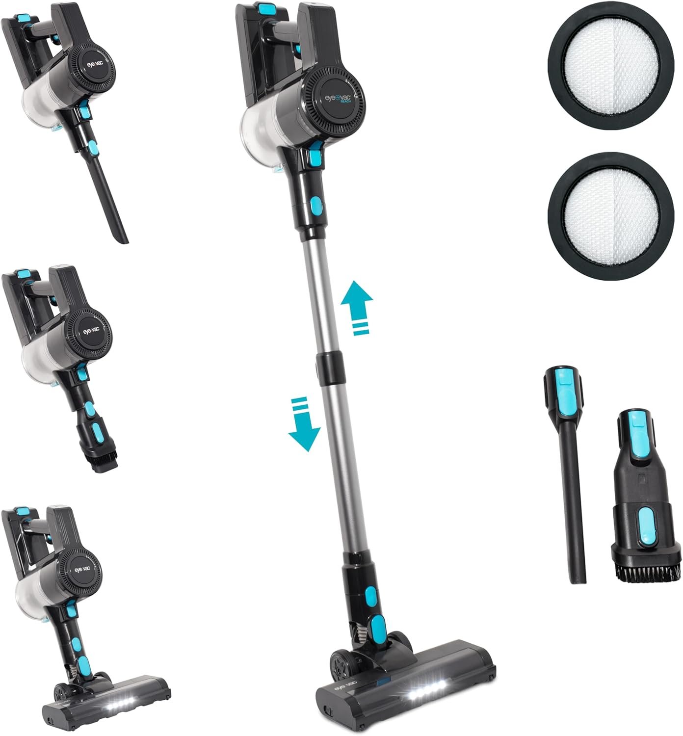 EyeVac Reach 6-in-1 Cordless Stick Vacuum | Lightweight Powerful Suction for Hard Floors & Rugs | 35 min Runtime, Rechargeable, LED Lights, Brushless Motor, Great for Pet Hair (Black w/Turquoise) - Image 2