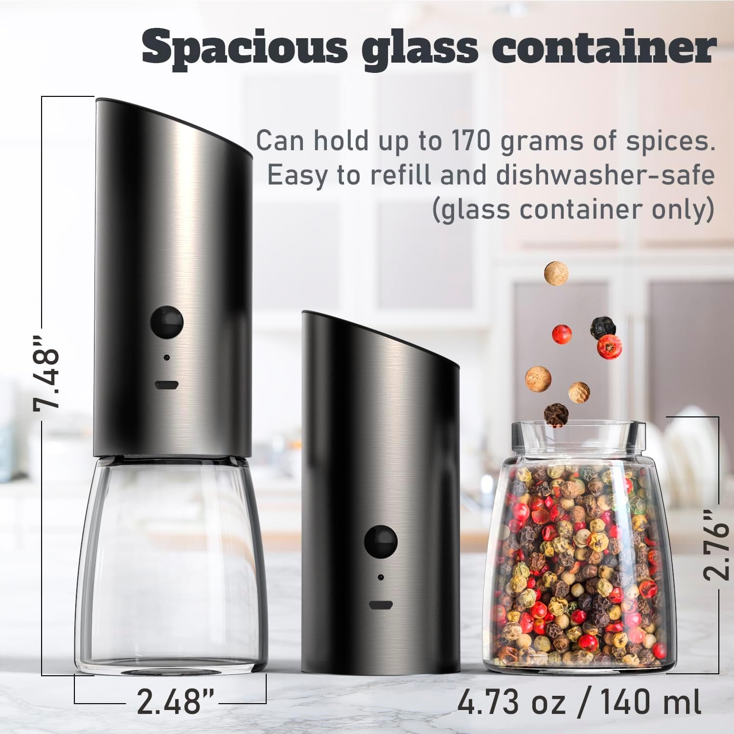 Electric Salt and Pepper Grinder Set with Adjustable Coarseness, LED Light and a Bamboo Base – Rechargeable Stainless Steel Spice Grinder for Kitchen - Automatic Salt and Pepper Shakers - Image 4