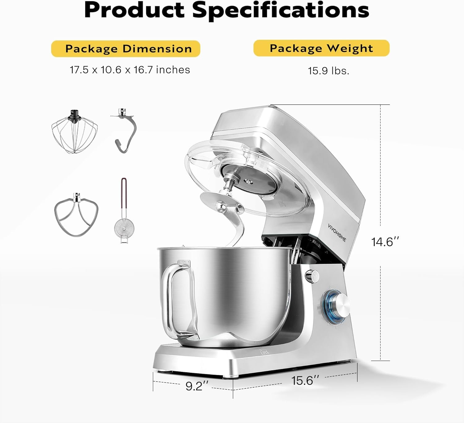 VIVOHOME 7.5 Quart Stand Mixer, 660W 6-Speed Tilt-Head Kitchen Electric Food Mixer with Beater, Dough Hook, Wire Whip, and Egg Separator, Silver - Image 8