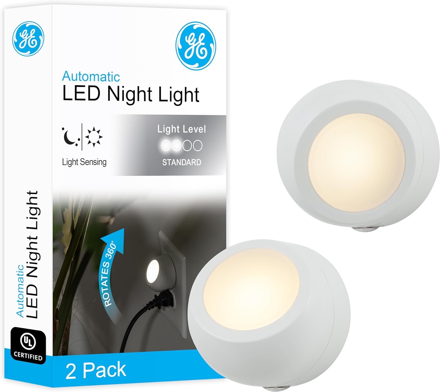 GE Rotating LED Night Light, Plug-in, 360° Directional, Dusk-to-Dawn Sensor, UL-Certified, Energy Efficient, Ideal for Bedroom, Bathroom, Stairs, Hallway, 31533, 2 Pack, White, 2 Count - Image 2