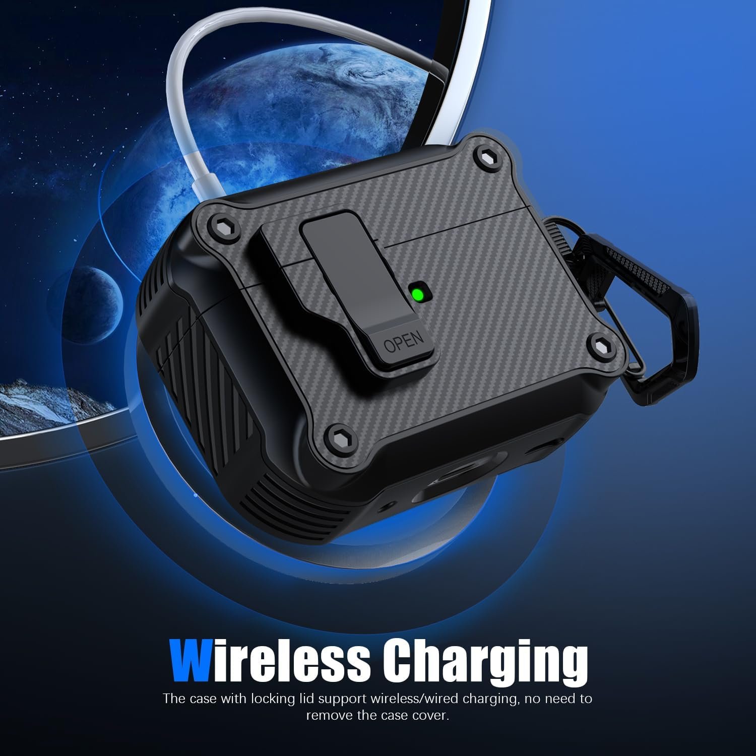 RFUNGUANGO for AirPods Pro 2nd /1st Generation Case Cover, Automatic Pop-up Carbon Fiber Case with Secure Lock Clip, Full Body Shockproof Hard Shell Protective Case for (2023/2022/2019)-Black - Image 5