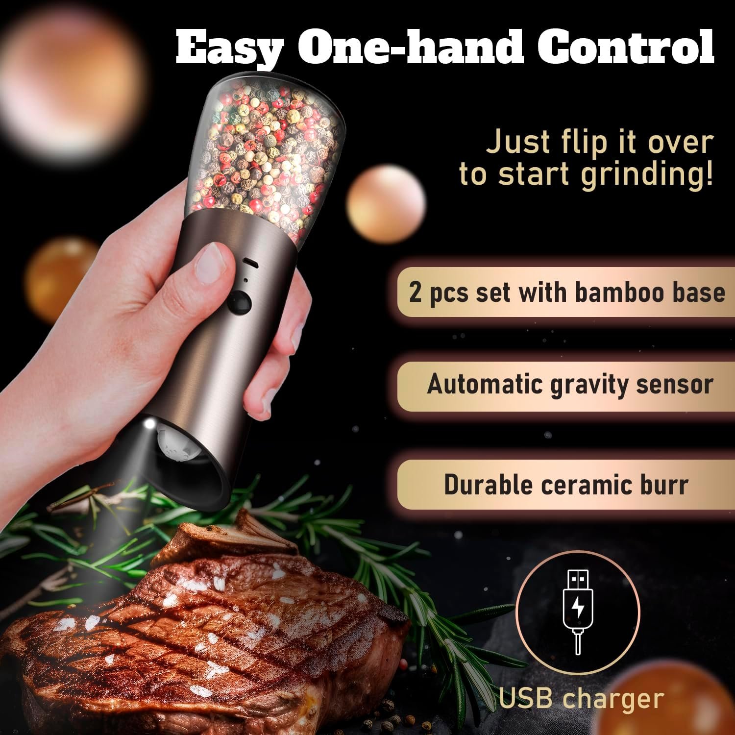 Electric Salt and Pepper Grinder Set with Adjustable Coarseness, LED Light and a Bamboo Base – Rechargeable Stainless Steel Spice Grinder for Kitchen - Automatic Salt and Pepper Shakers - Image 3
