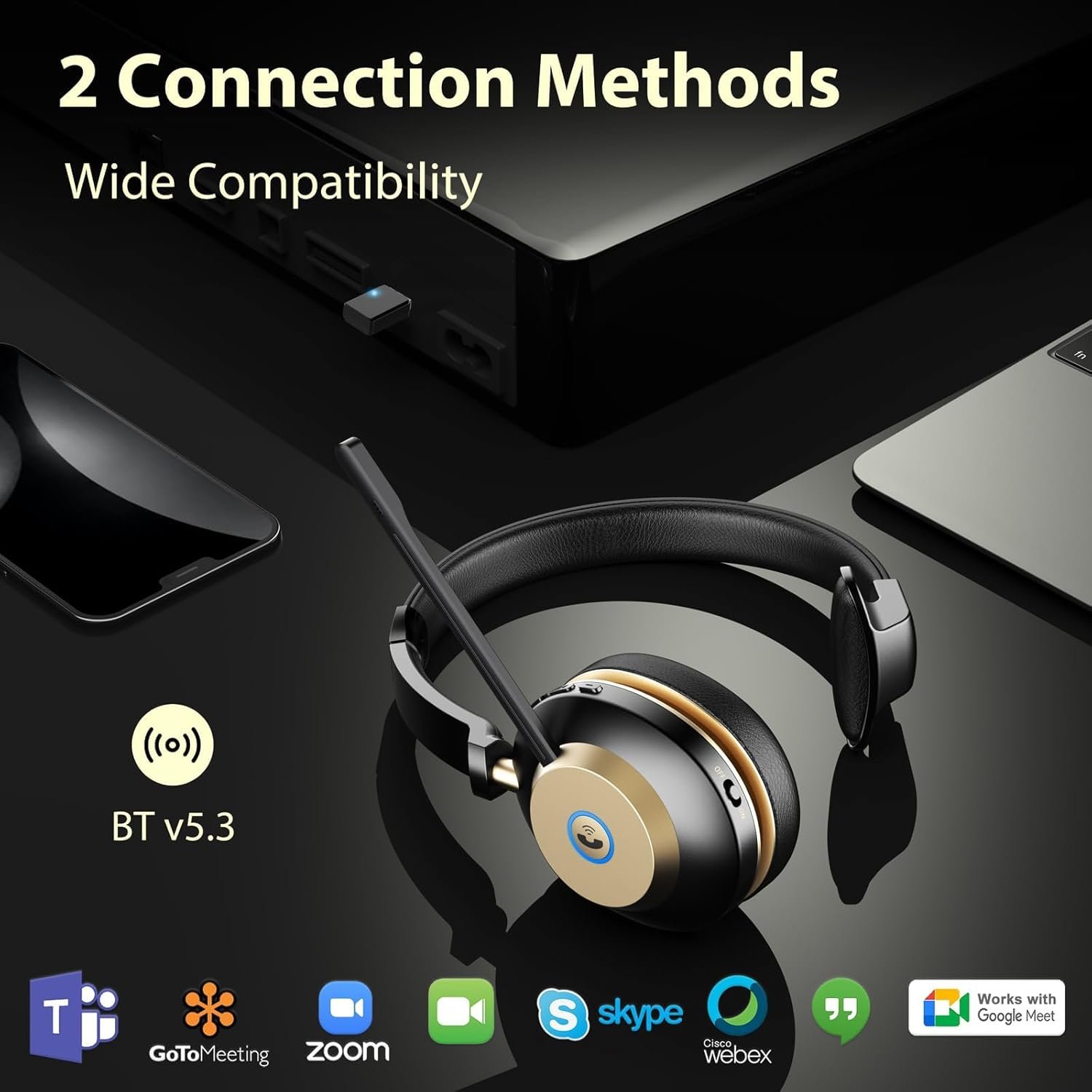 Wireless Headset, QCC V5.3 Bluetooth Headset with Mic Noise Canceling & USB Dongle, 45Hrs Talk Time Headset with Mute, Wireless Headset with Mic for Work /Office/Computer/Laptop/Call Center/Zoom/Teams - Image 8
