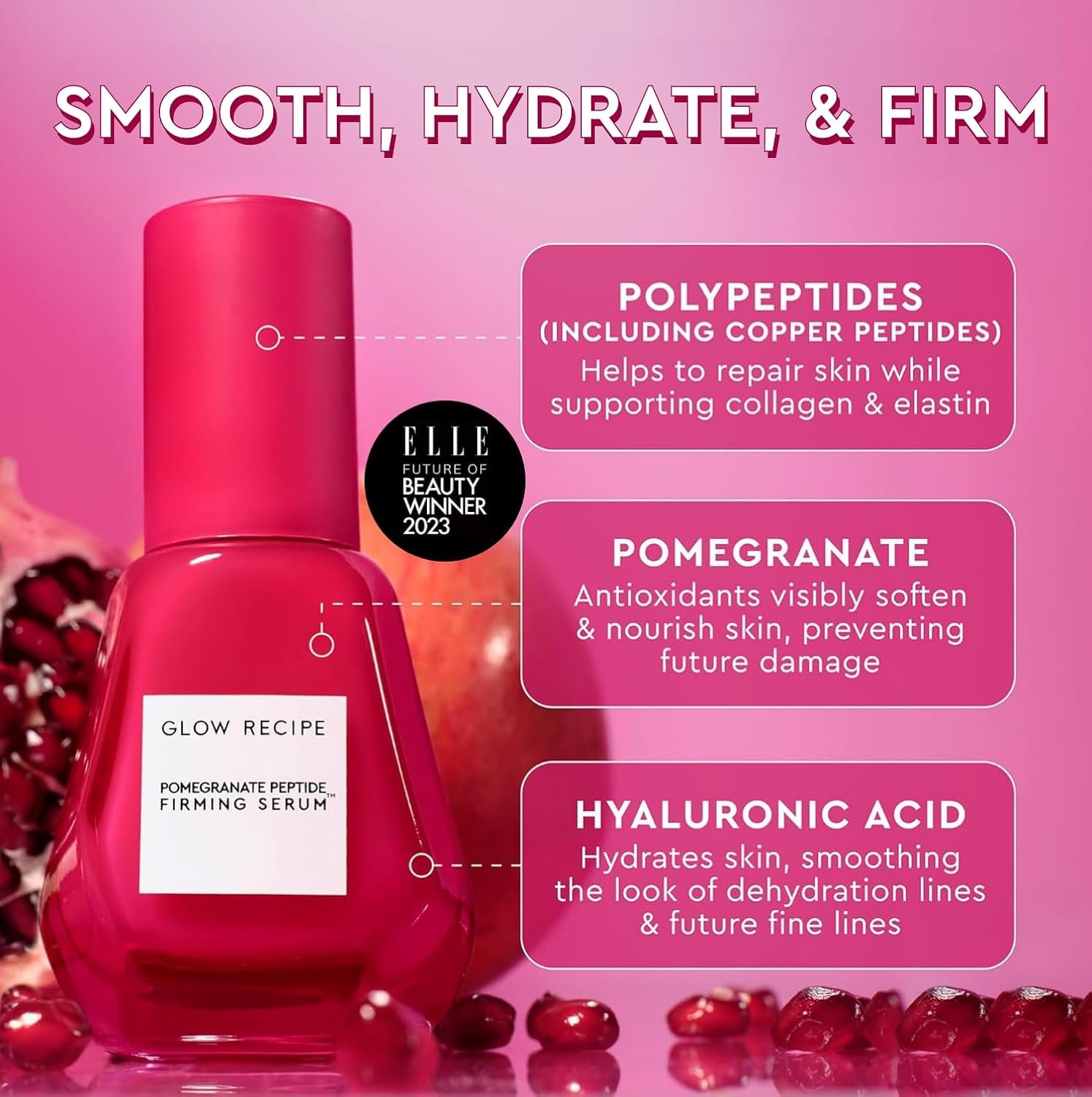Glow Recipe Pomegranate Copper Peptides Face Serum - Face Firming Peptide Serum for Women & Men with Polypeptides + Hyaluronic Acid - Hydrating & Plumping Facial Serum for Smoothing Fine Lines (30ml) - Image 3