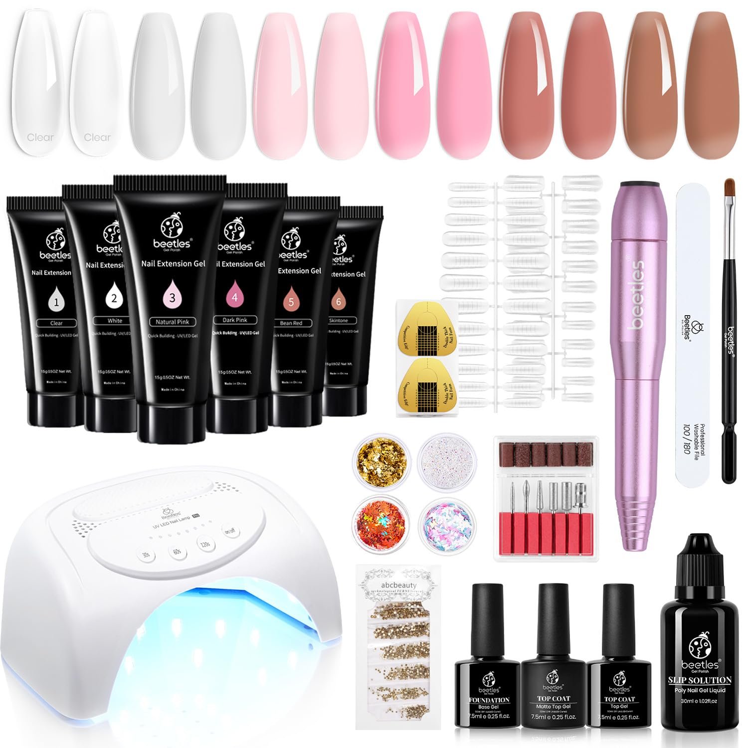 Beetles Poly Nail Extension Gel Kit with Electric Nail Drill, 6PCS Builder Nail Gel Enhancement Trial Professional Nail Technician All-in-One French Kit Clear White Nutural Pink Color Poly Nail Gel - Image 2