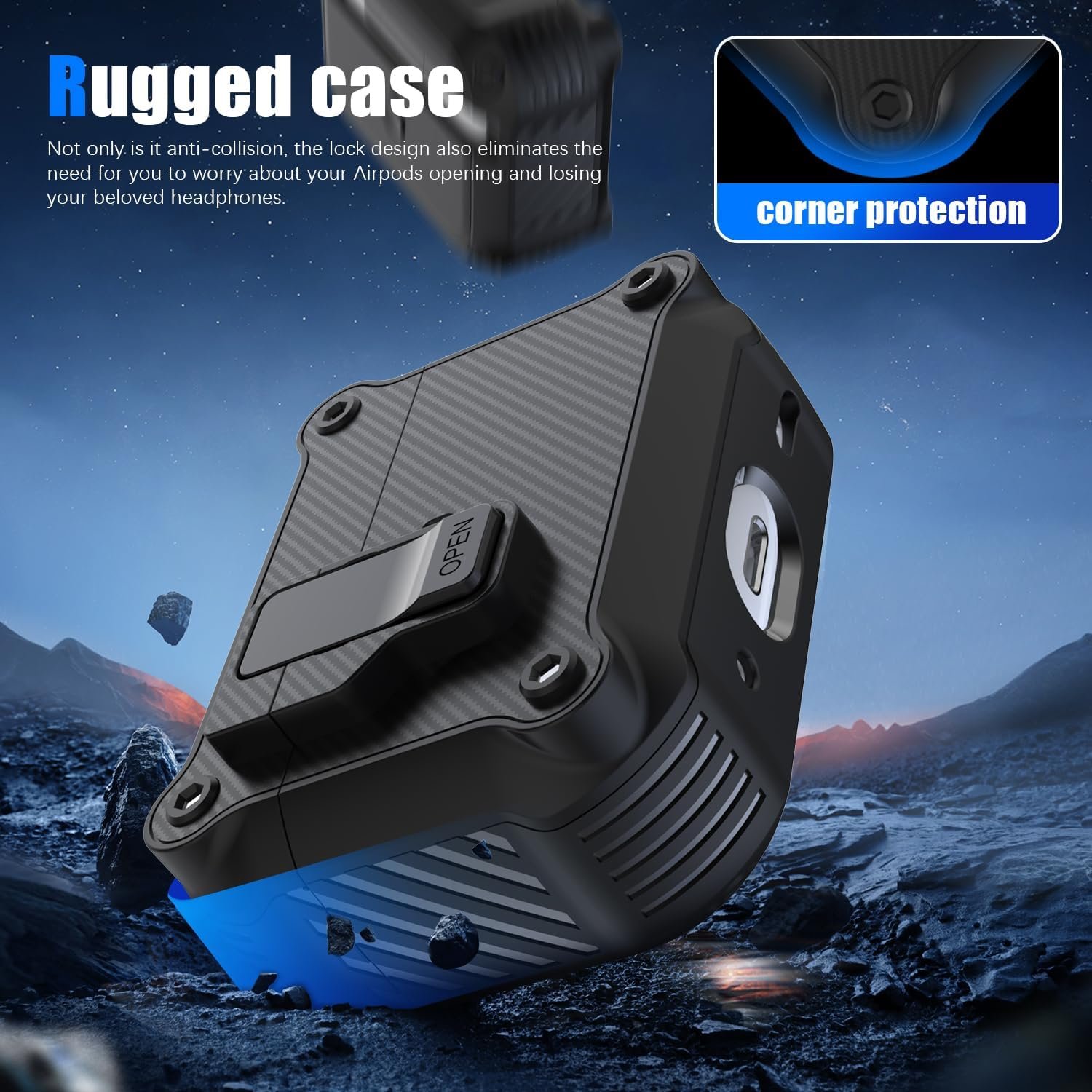 RFUNGUANGO for AirPods Pro 2nd /1st Generation Case Cover, Automatic Pop-up Carbon Fiber Case with Secure Lock Clip, Full Body Shockproof Hard Shell Protective Case for (2023/2022/2019)-Black - Image 4