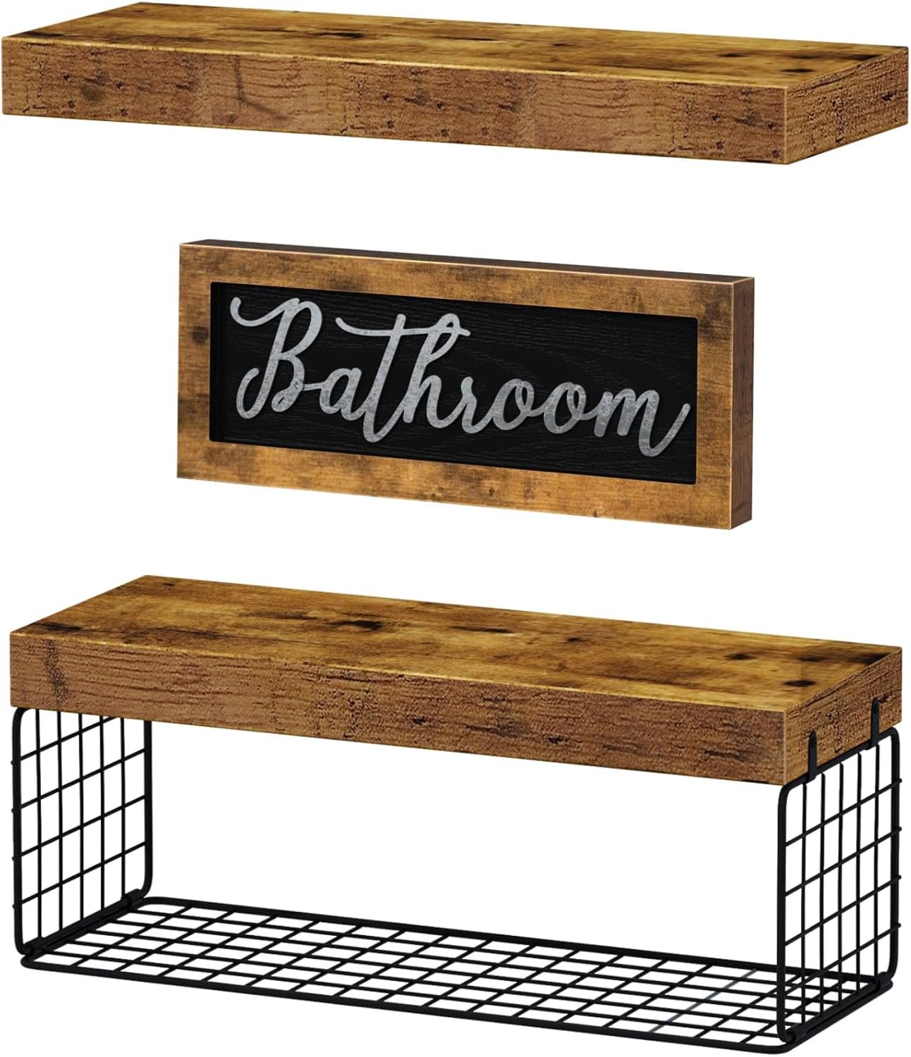 QEEIG Bathroom Shelves Over Toilet Paper Storage Wall Mounted Farmhouse Decor Decorations Aesthetic Décor Sign Small Floating Wall Shelf 2+1 Set 16 inch, Rustic Brown (020BN) - Image 7