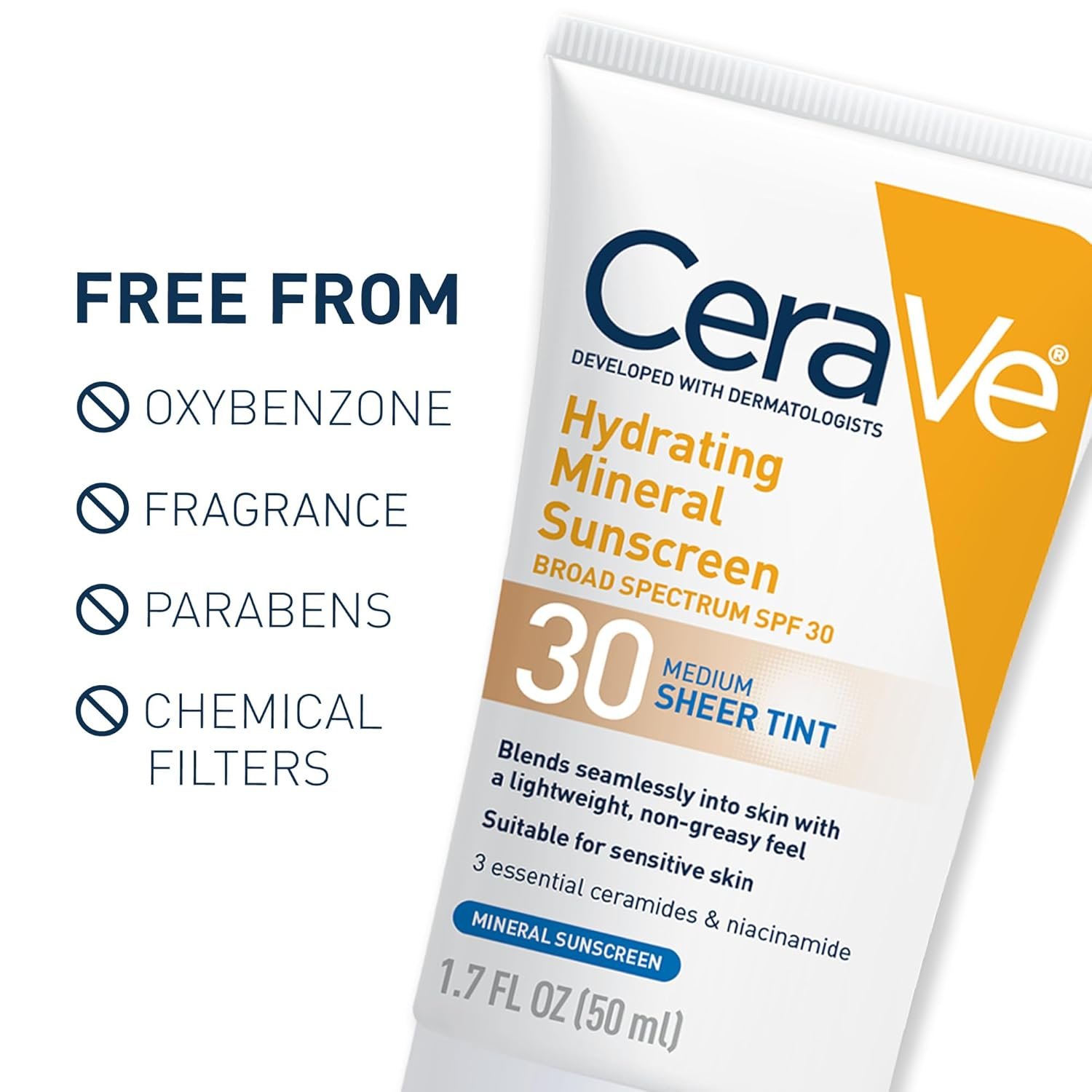 CeraVe Hydrating Mineral Sunscreen SPF 30 with Sheer Tint | Tinted Mineral Sunscreen with Zinc Oxide & Titanium Dioxide | Blends Seamlessly For Healthy Glow | Medium, 1.7 Fluid Ounce - Image 6