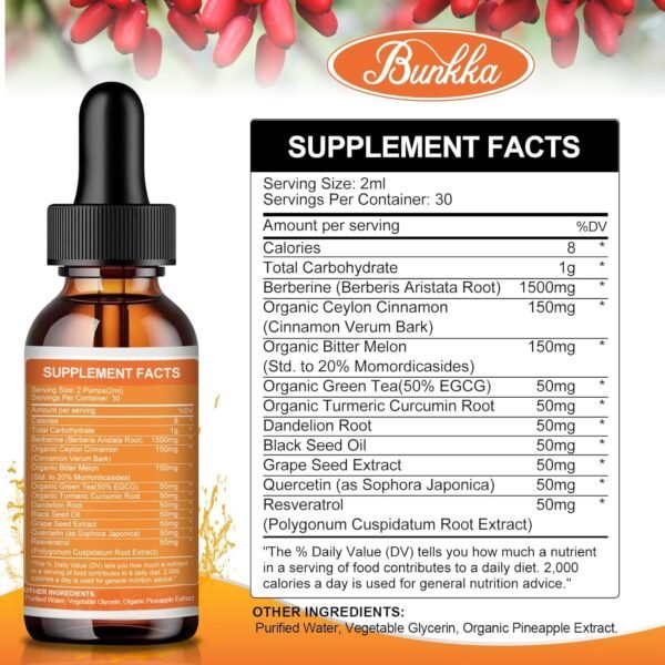 (2 Pack) Berberine Supplement, 1500mg Organic Berberine Liquid Drops with Ceylon Cinnamon, Bitter Melon, Sugar-Free & Vegan Supplement Supports Immune System & Gastrointestinal Care - 4 FL Oz - Image 8