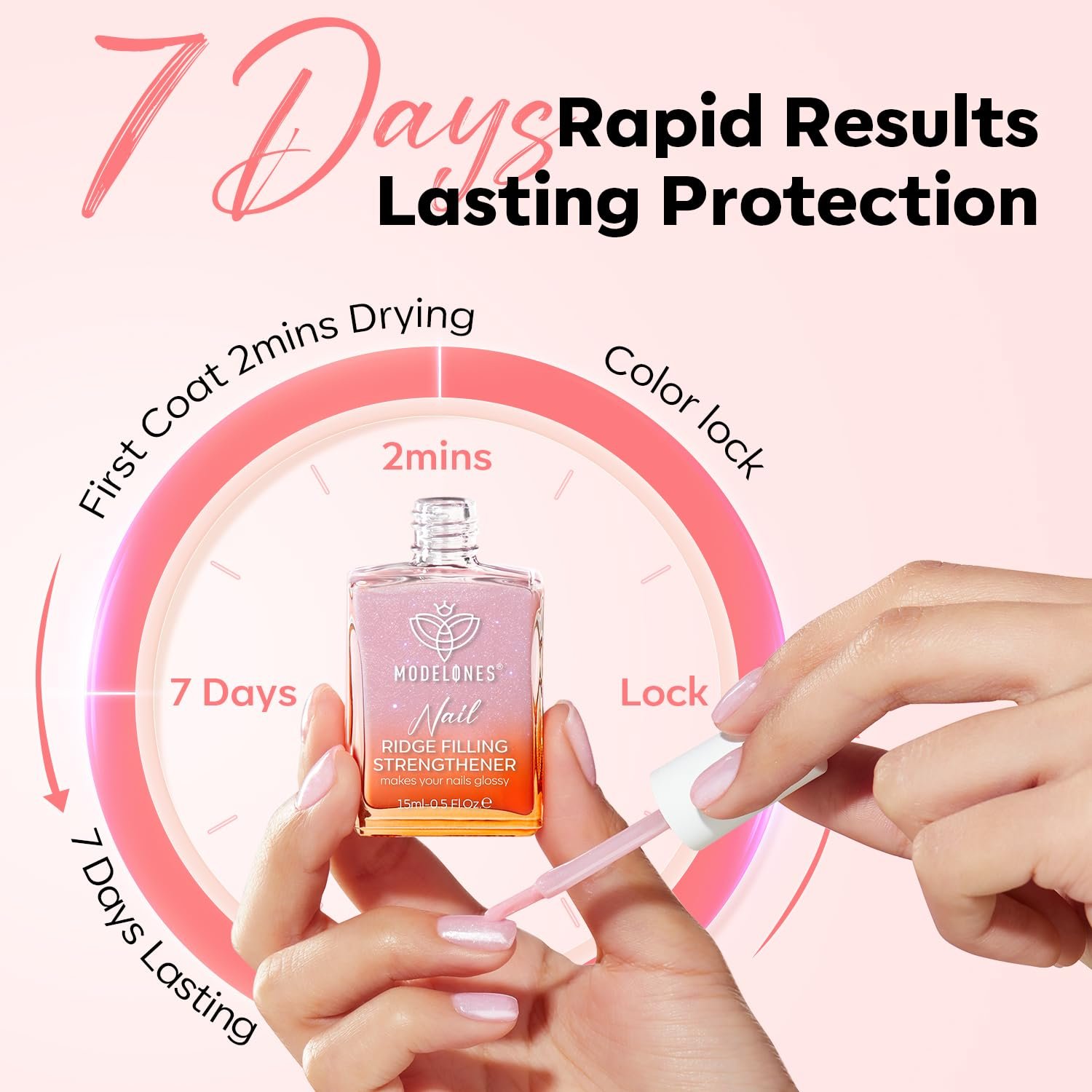modelones Nail Strengthener, 8-in-One Nail Ridge Filler Base Coat Nail Polish Repair Nail Growth Treatment for Thin and Damaged Nails, Pink Glow, 15ml - Image 7