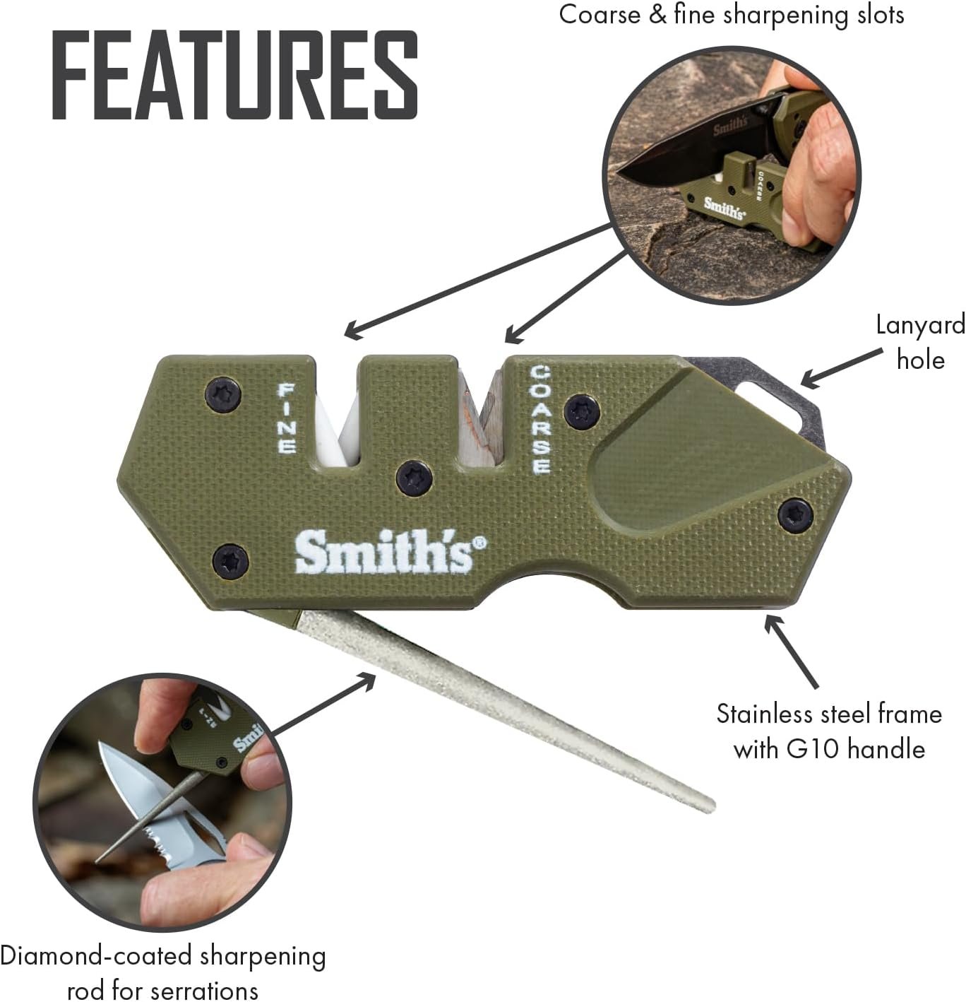 Smith’s Pocket Pal Tactical Knife Sharpener - 2 Stage Sharpener & Diamond Sharpening Rod - Pocket Clip - Outdoor Hunting Knife & Hook Sharpener - Compact & Lightweight - Image 4