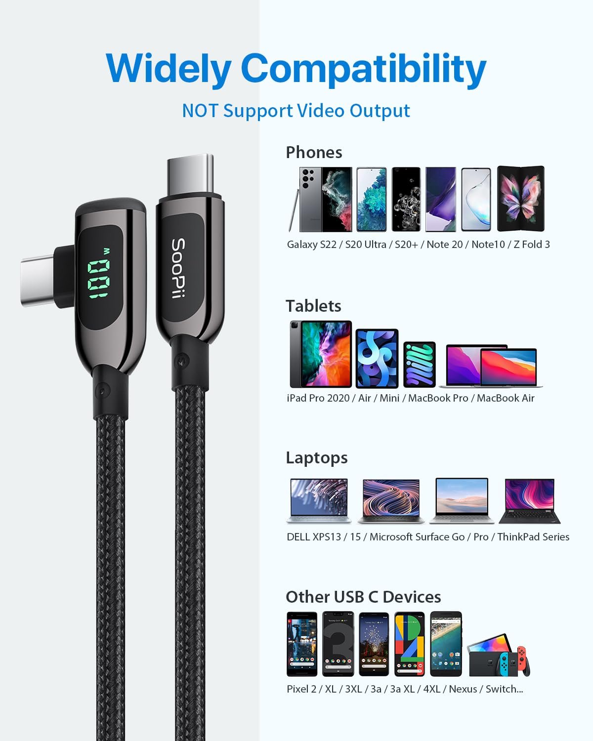 SOOPII 100W Right Angle USB C to USB C Cable,4FT Zinc Alloy Braided Type-C Cable with LED Display for iPhone 16/15, lPad Air/Pro,MacBook Pro,Samsung S23/S22/S10,Pixel,LG(4ft,Black) - Image 9