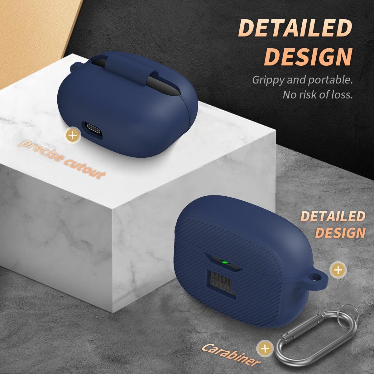 for JBL Vibe 200TWS/JBL Vibe Beam Case Cover, Silicone Protective Shock Cover Compatible with JBL Vibe 200TWS & JBL Vibe Beam True Wireless Headphones Charging Case with Carabiner(Blue) - Image 5