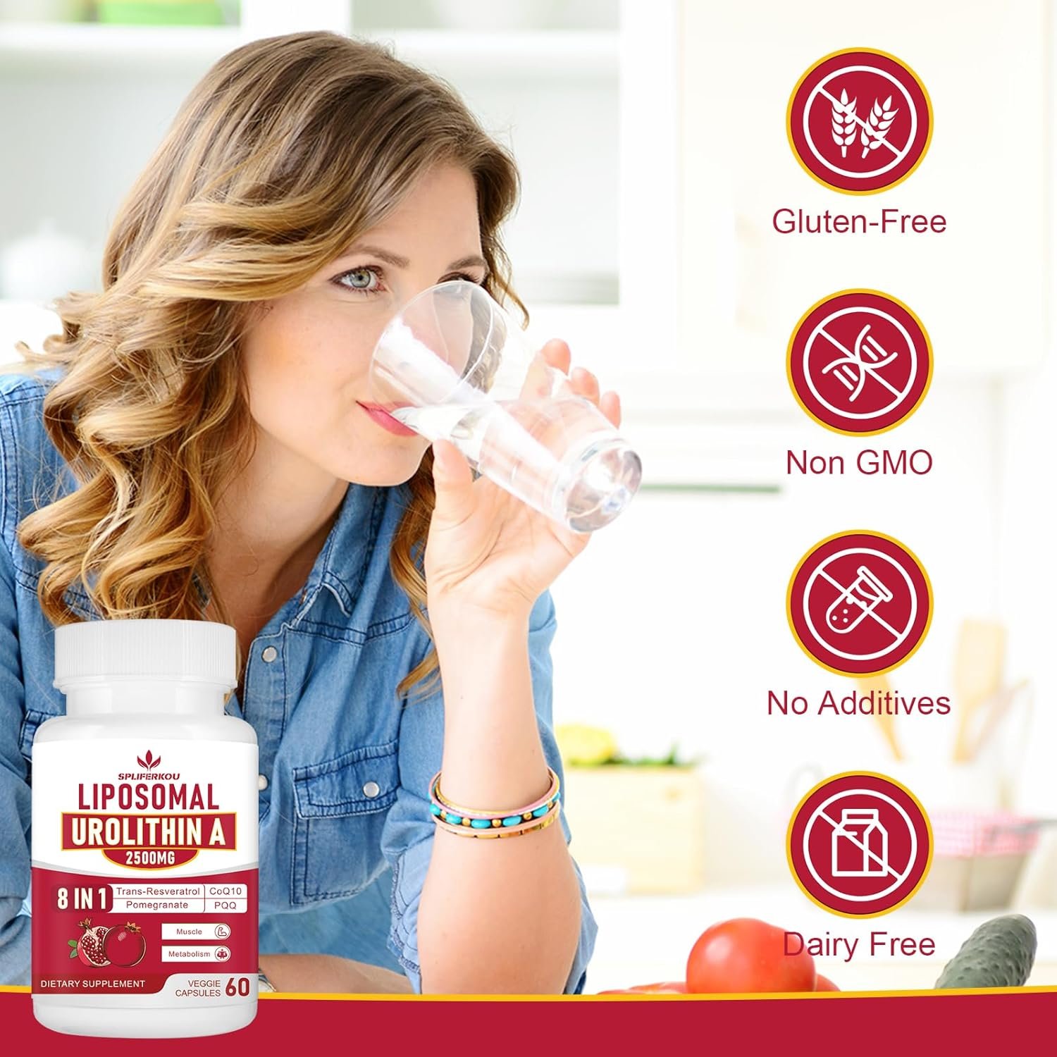 Liposomal Urolithin A Supplement 2500mg with Resveratrol,CoQ10,Pomegranate Fruit Extract,Premium Cellular Energy Regeneration,Gluten Free,60Capsules - Image 6