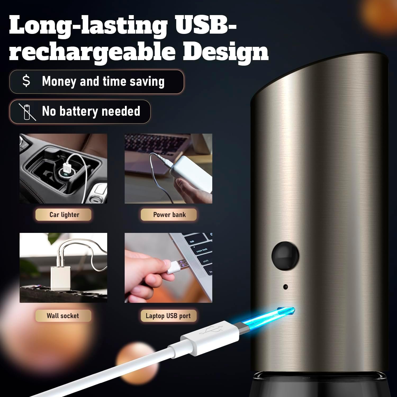 Electric Salt and Pepper Grinder Set with Adjustable Coarseness, LED Light and a Bamboo Base – Rechargeable Stainless Steel Spice Grinder for Kitchen - Automatic Salt and Pepper Shakers - Image 6