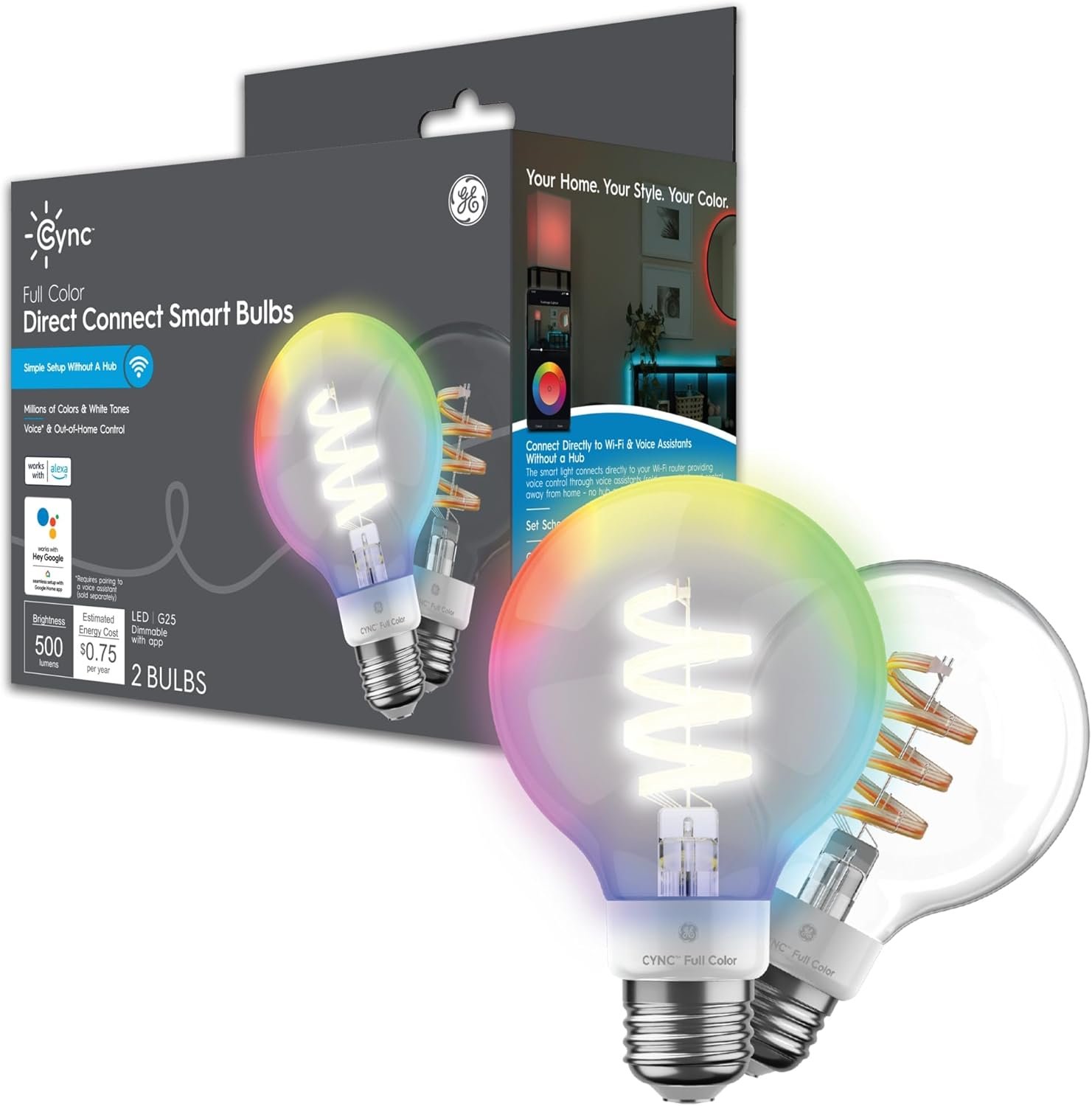 GE CYNC Smart LED Light Bulbs, G25 Globe Bulb, Room Décor Aesthetic, Color Changing Light Bulbs, 60W Equivalent, Works with Amazon Alexa and Google Home (2 Pack) - Image 2