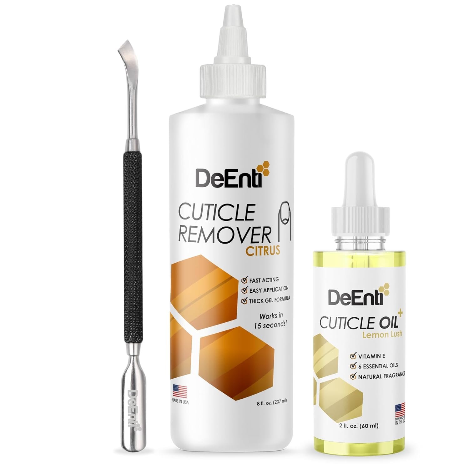 DeEnti Cuticle Maintenance Pack, Bundle Includes Citrus Scented Cuticle Remover, Cuticle Oil for Nails, and Metal Cuticle Pusher Tool, Salon Grade Cuticle Care, Home Manicure and Pedicure Kit - Image 2