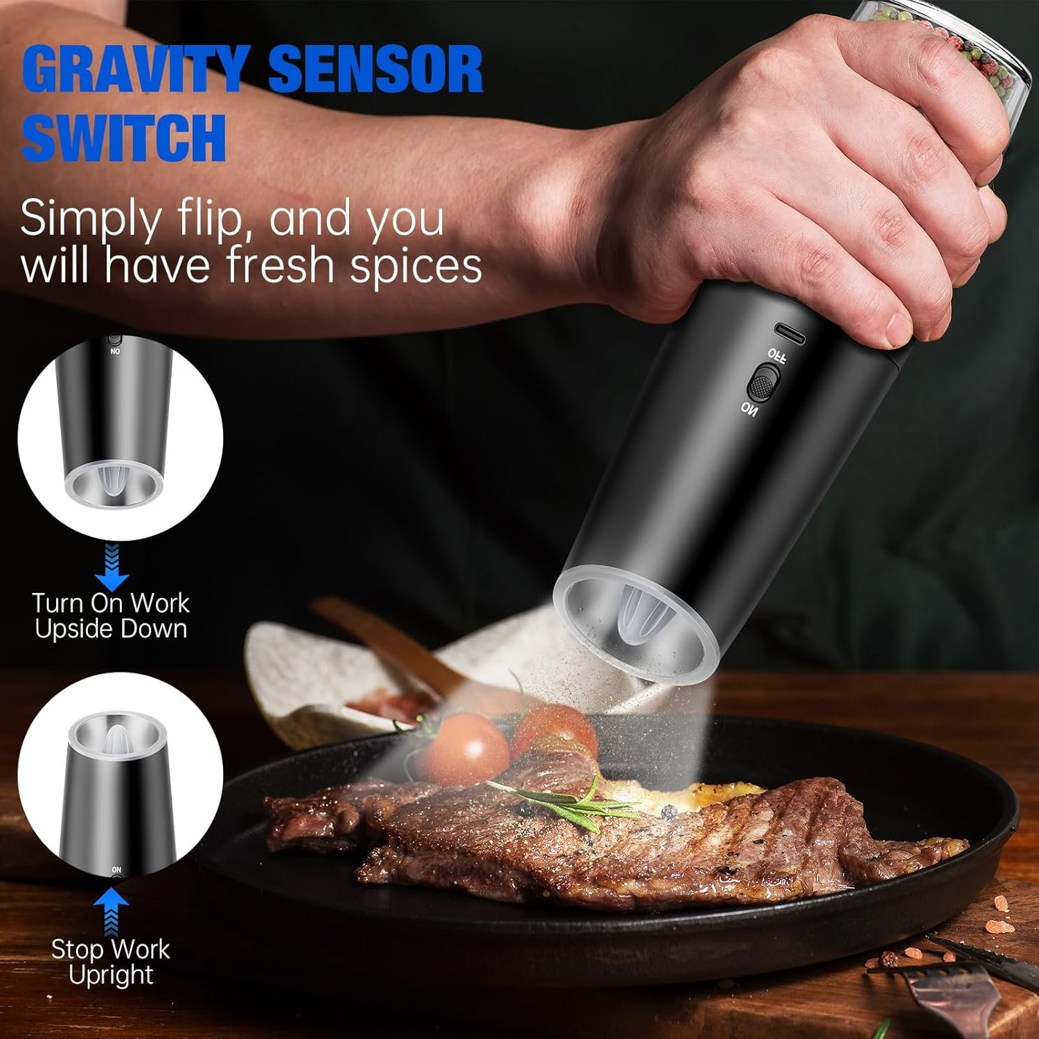 Upgraded Gravity Electric Salt and Pepper Grinder Set Rechargeable Electric Pepper Grinder With Adjustable Coarseness, LED Light, No Battery Needed, 4.6oz Refillable, One Hand Operation, Black, 2-Pack - Image 5