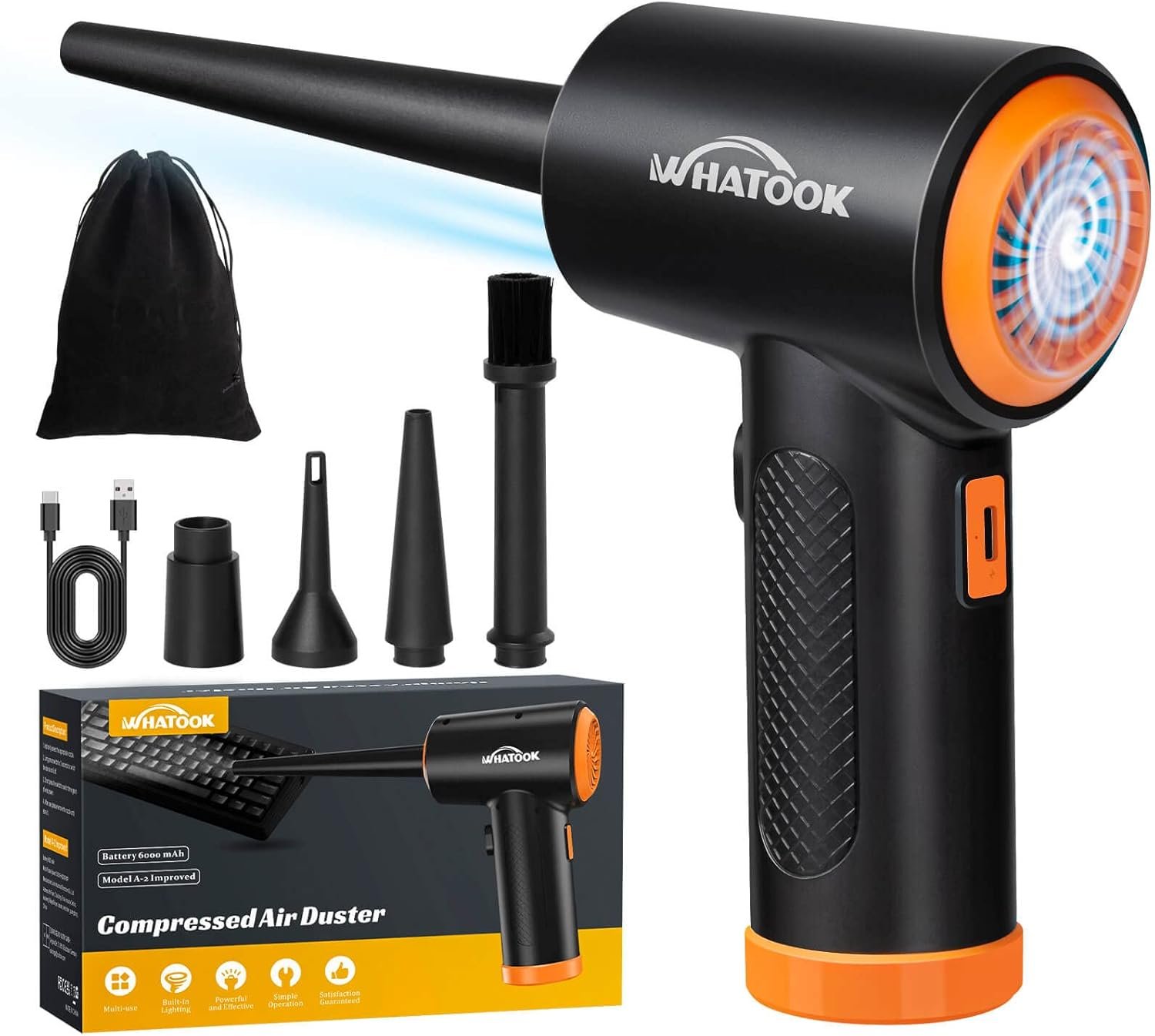 Compressed Air Duster-Reusable Electric Air Duster-3 Speeds 60000 RPM with LED Light-Canned Air Replacement for Keyboard Cleaning-Rechargeable Cordless Air Duster for Computer and Car Blowing - Image 2