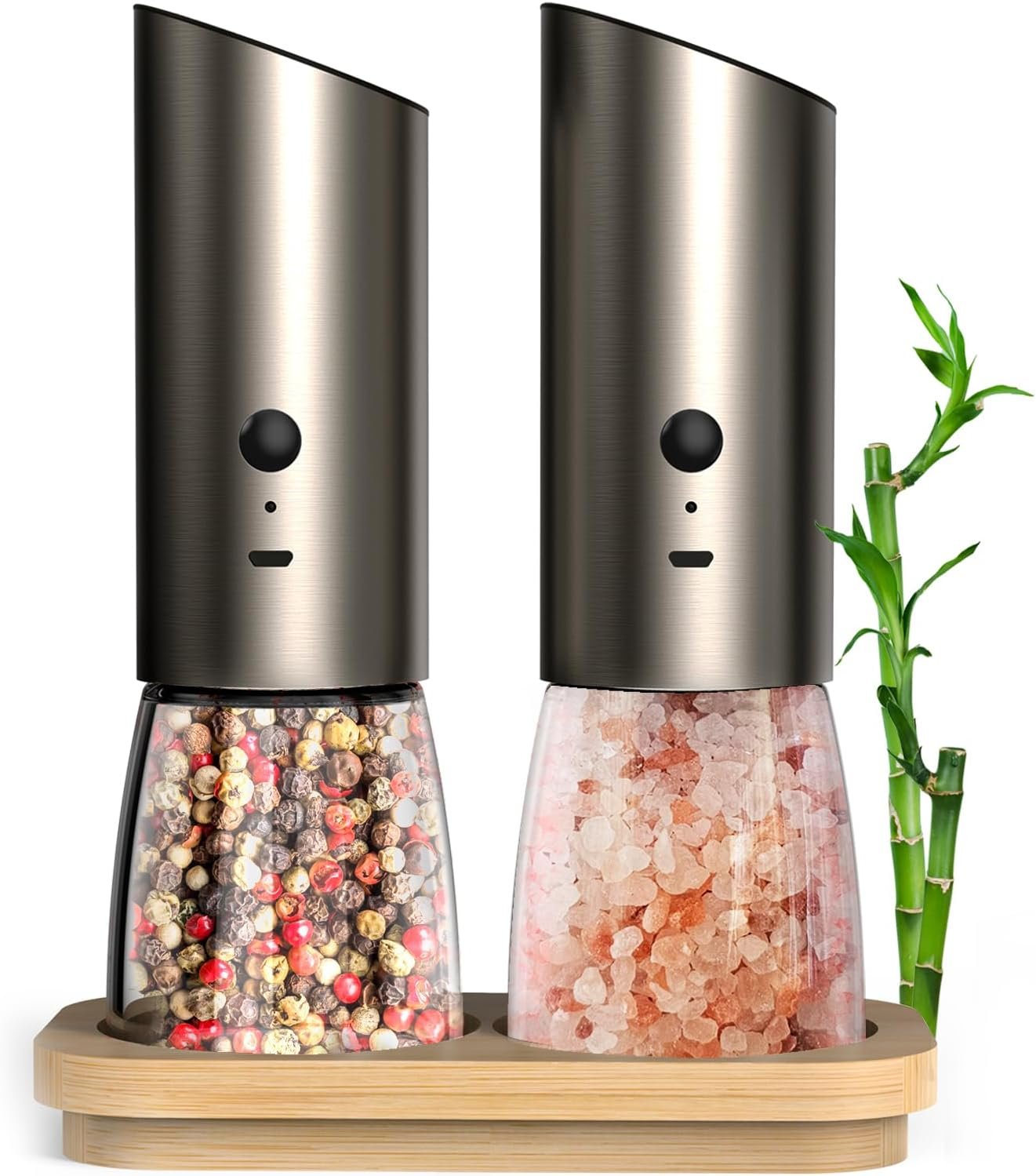 Electric Salt and Pepper Grinder Set with Adjustable Coarseness, LED Light and a Bamboo Base – Rechargeable Stainless Steel Spice Grinder for Kitchen - Automatic Salt and Pepper Shakers - Image 2