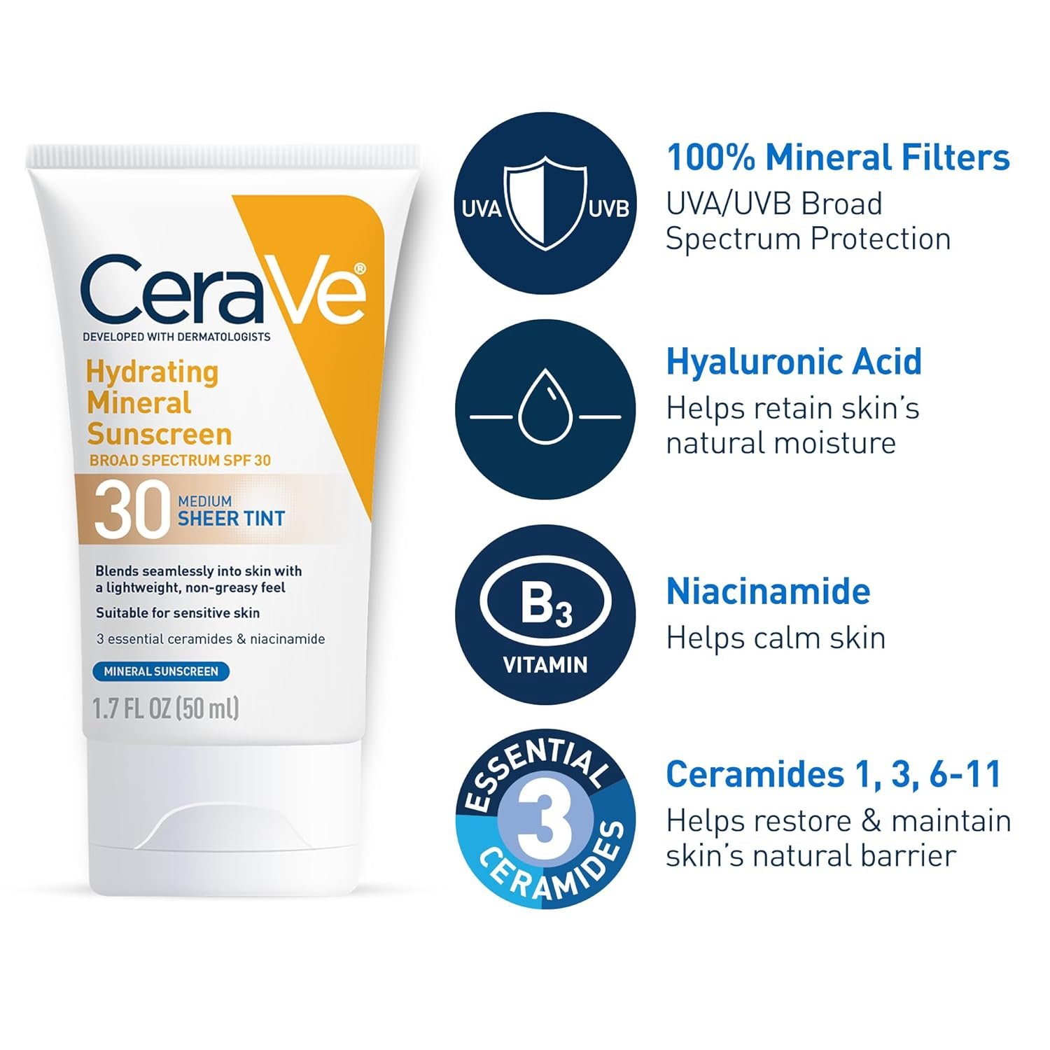 CeraVe Hydrating Mineral Sunscreen SPF 30 with Sheer Tint | Tinted Mineral Sunscreen with Zinc Oxide & Titanium Dioxide | Blends Seamlessly For Healthy Glow | Medium, 1.7 Fluid Ounce - Image 7