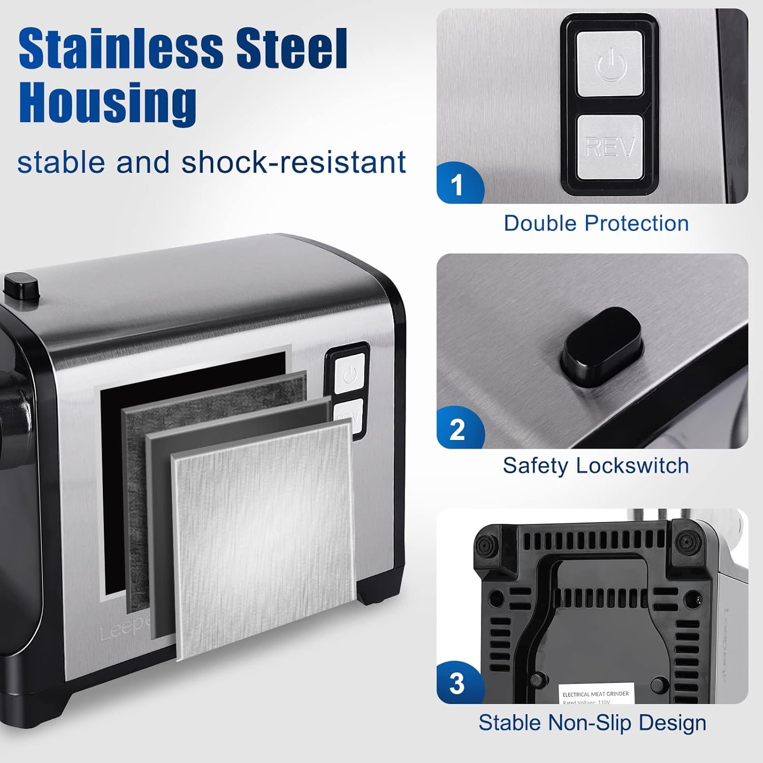 LEEPENK Meat Grinder Electric 2600W Max Heavy Duty Meat Mincer Machine,Stainless Steel Electric Meat Grinder with Safe Reverse Function Sausage Stuffer Maker and Kubbe Kit,2 Blades,3 Plates - Image 6