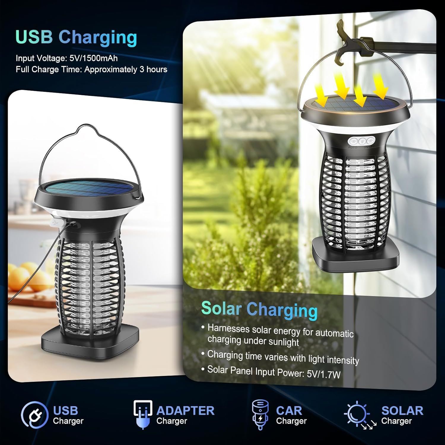 Solar Bug Zapper Outdoor, 3-in-1 Mosquito Zapper Outdoor Solar Powered, Cordless Electric Bug Zapper Indoor with Night Light, Waterproof Fly Zapper for Patio Backyard Home Kitchen Camping - Image 3