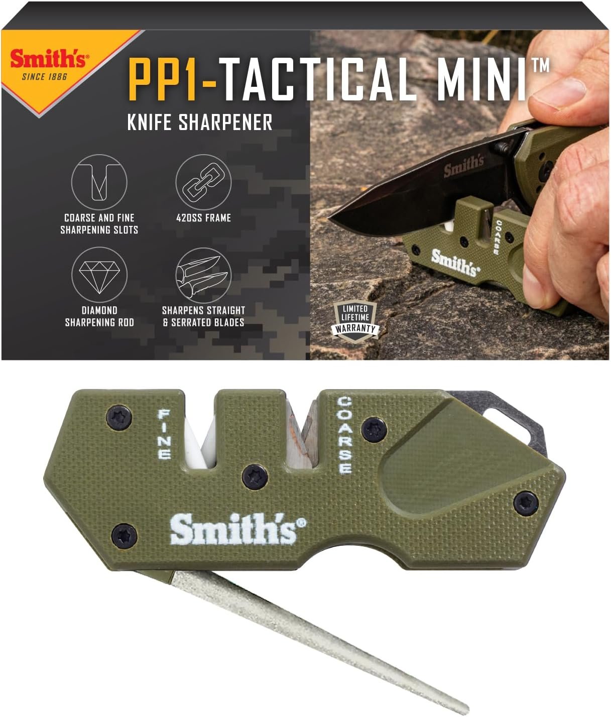 Smith’s Pocket Pal Tactical Knife Sharpener - 2 Stage Sharpener & Diamond Sharpening Rod - Pocket Clip - Outdoor Hunting Knife & Hook Sharpener - Compact & Lightweight - Image 2