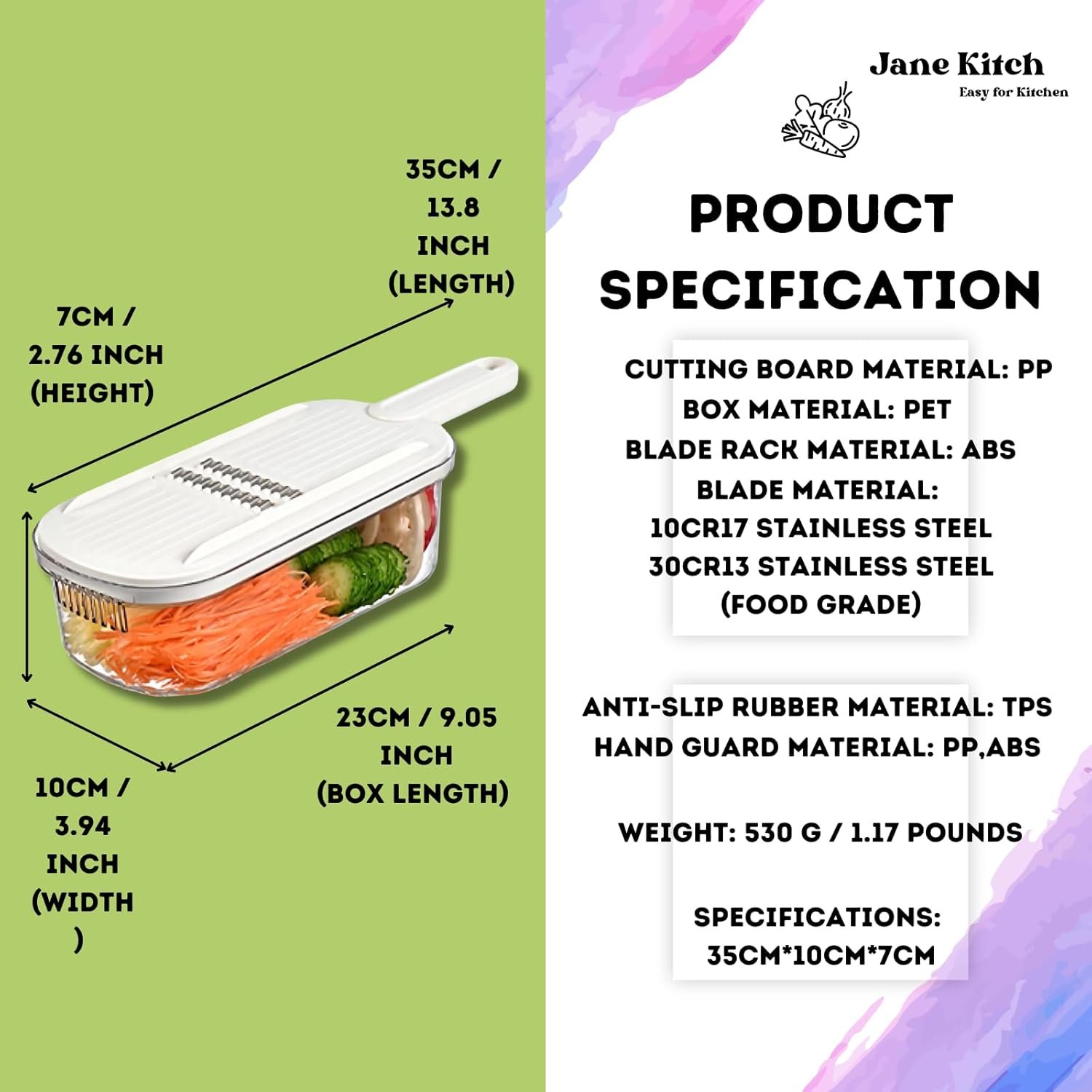 10 Jane Kitch Safe Mandoline Slicer for Kitchen, 6 in 1 Multi Purpose Vegetable Slicer Veggie Slicer Cutter, Potato Slicer, Vegetable Chopper Veggie Chopper with Container and Lid for Salad - Image 10