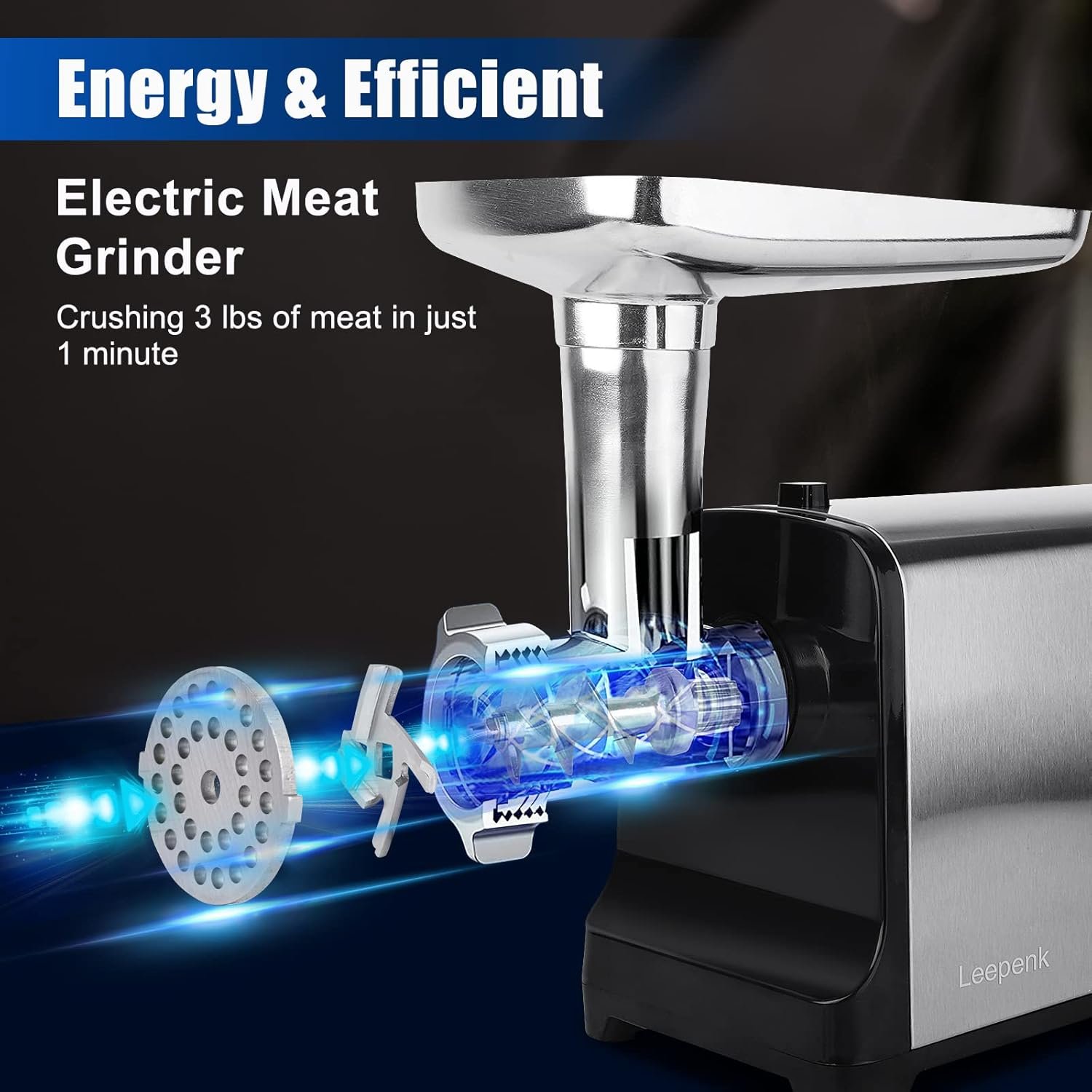 LEEPENK Meat Grinder Electric 2600W Max Heavy Duty Meat Mincer Machine,Stainless Steel Electric Meat Grinder with Safe Reverse Function Sausage Stuffer Maker and Kubbe Kit,2 Blades,3 Plates - Image 5