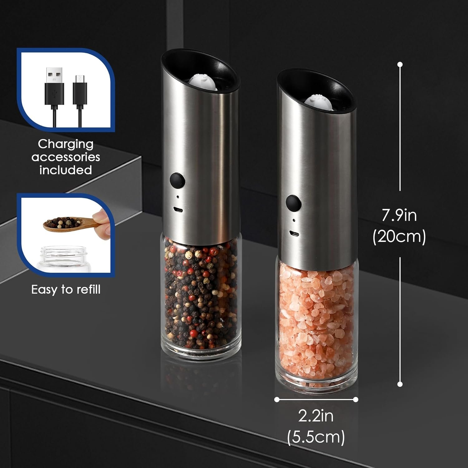 Vzaahu Gravity Electric Pepper and Salt Grinder Set of 2 - Rechargeable, Refillable, Adjustable Coarseness, Stainless Steel Salt Pepper Mill with LED light - One Hand Operation (Sliver) - Image 7
