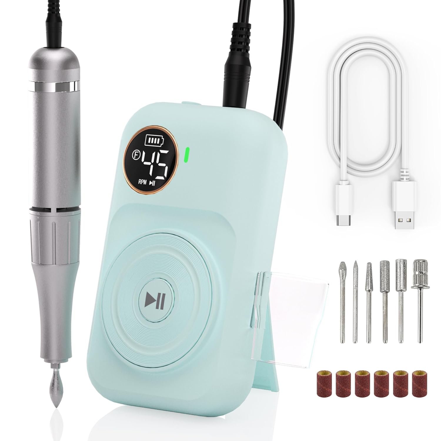 Electric Nail Drill Kit, Low Noise, Low Heat, Low Vibration, Professional Acrylic Nail Drill Machine with 6 Nail Drill Bits and Sanding Bands, Great for a DIY Home or Salon Mani-Pedis (Green) - Image 2