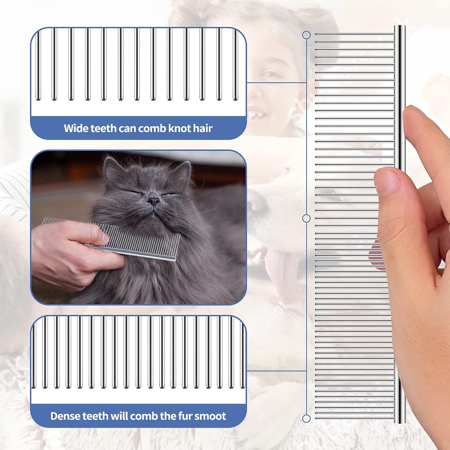 Undercoat Rake for Dogs, 3 Pack Pet Grooming Brush Set Long Tooth Rake Brush & Double-Sided Teech Comb & Stainless Steel Shedding Comb, Long Haired Pet Grooming Tool Set for Horse Large Dog Cat - Image 6