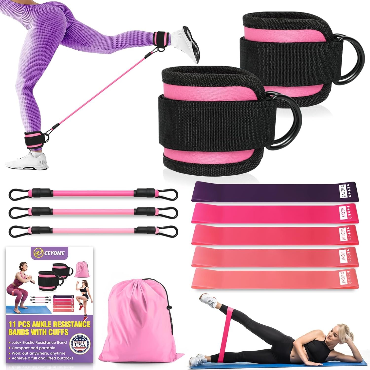Ankle Resistance Bands with Cuffs - 11 Pcs Ankle Bands for Working Out, (3pcs-3 Resistant Level) Ankle Resistance Bands, 5pcs Mini Bands Resistance, 2 Pcs Ankle Straps for Cable Machines Women - Image 2