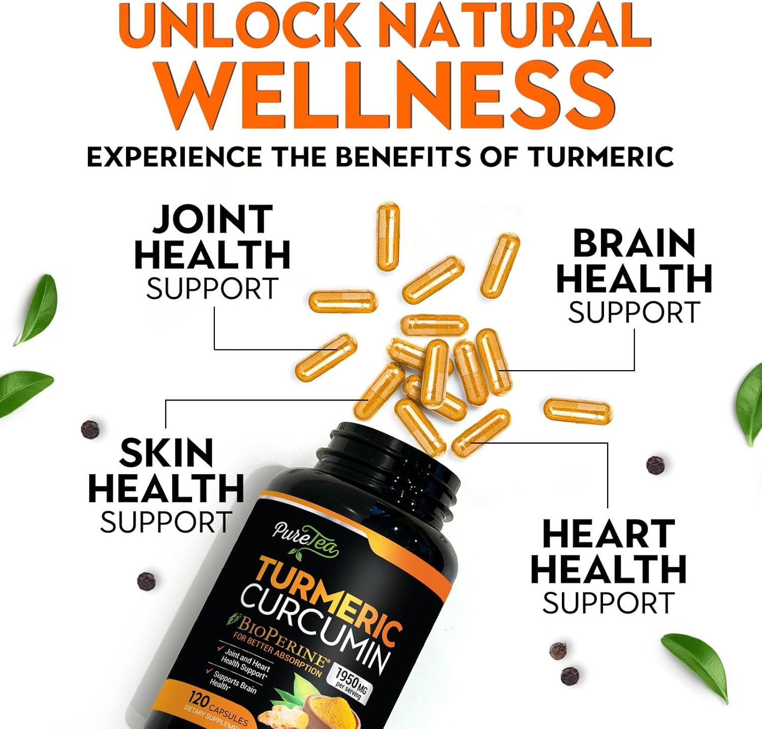 Turmeric Curcumin with BioPerine 1950mg, 95% Standardized Curcuminoids - Black Pepper for Advanced Absorption, Herbal Joint Support, Nature's Tumeric Extract Supplement Non-GMO - 180 Capsules - Image 6