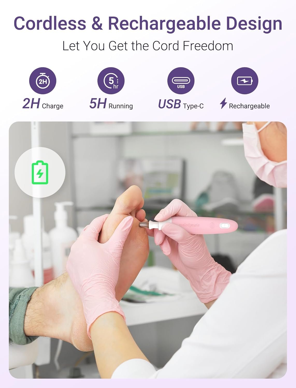 Melodysusie PC500D Foot File Callus Remover, Portable Electric Foot File Pedicure Tools, Professional Foot Scrubber for Dead Skin, Hard Cracked Dry Skin, Foot Scraper for Women - Image 4