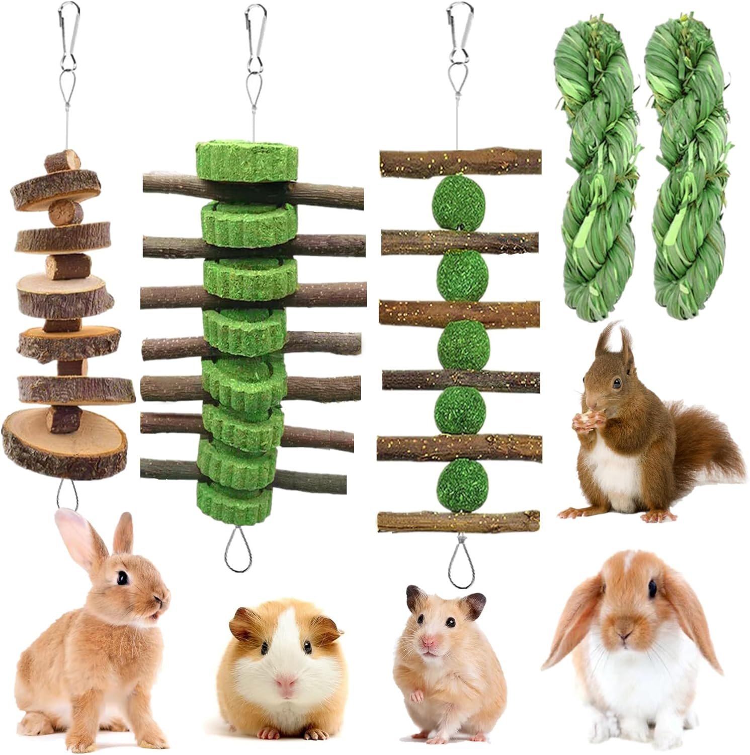 5pcs Rabbit Toys,Bunny Chew Treat for Teeth Grinding,Hanging Timothy Hay Ball +Apple Stick Wood +Alfalfa Grass Cake Food Snack for Cage Guinea Pig Chinchilla Hamster Squirrel Gerbil Rat Parrot - Image 2