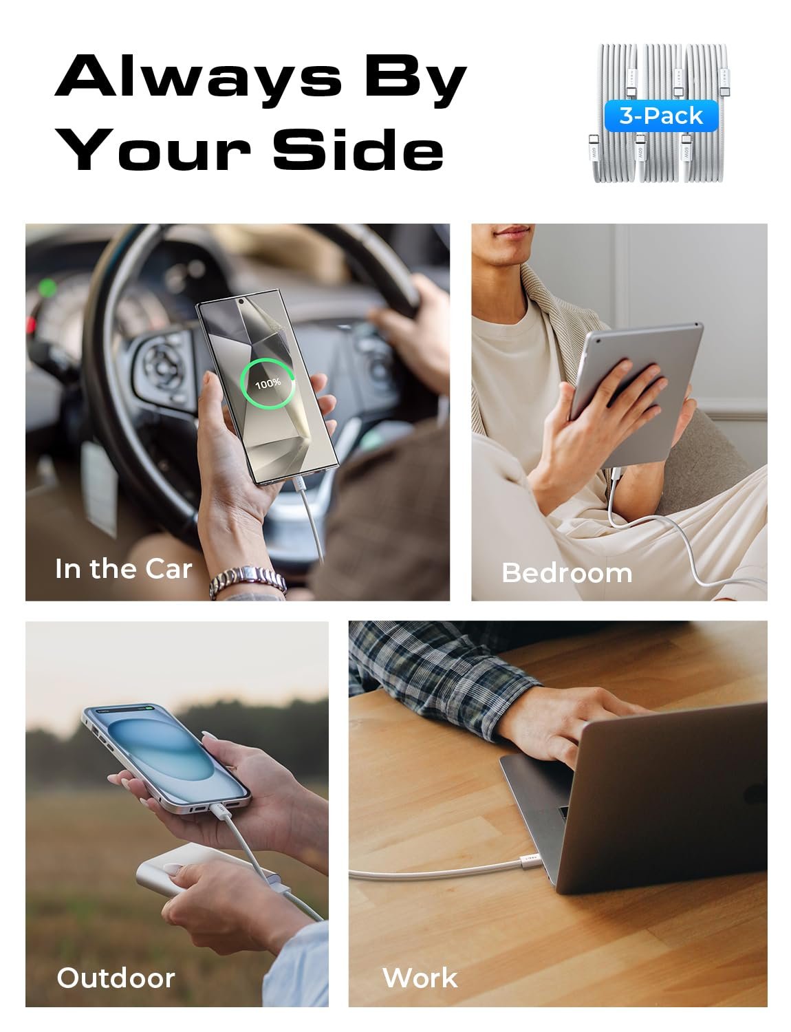 LISEN for iPhone 16 15 USB C to USB C Fast Charging, 60W USB C Cable Type C Fast 4 in 1 Charging Cable for iPhone 16 15,Samsung S24 S23 iPad Pro 13 12.9 11 inch, iPad Air 5,White 3Pack 6FT - Image 5