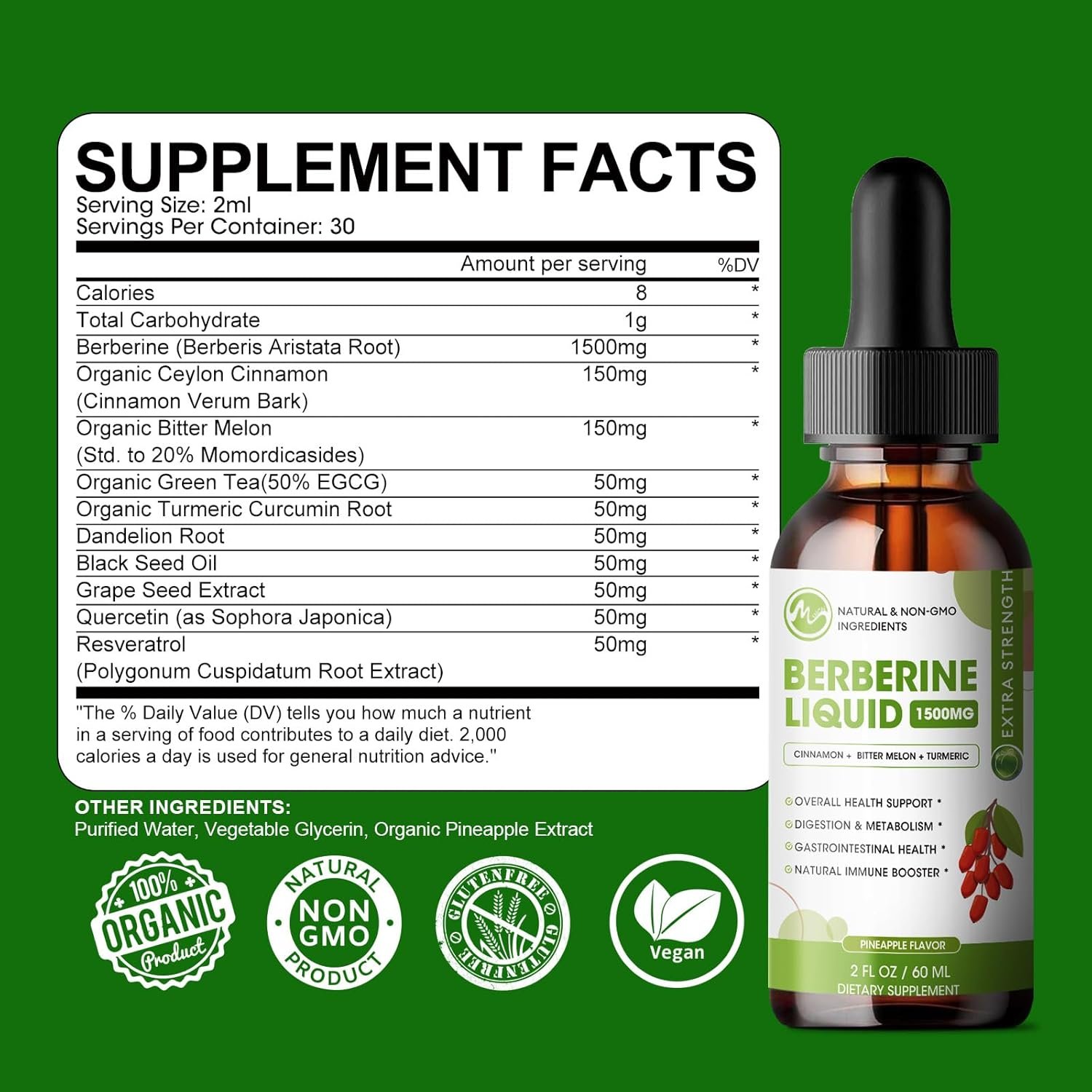 Berberine Supplement Liquid Drops, Berberine 1500mg with Ceylon Cinnamon, Turmeric, Resveratrol, Bitter Melon, & More-10X Extra Strength Vegan Supplement, Supports Immune System & Digestive System - Image 3