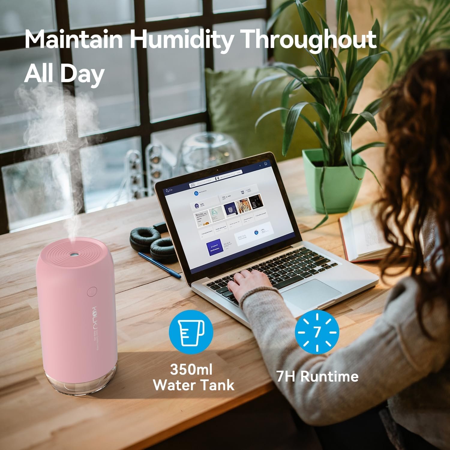 Portable Mini Humidifier, Small Cool Mist Humidifiers 350ml Quiet USB Personal Desktop Air Humidifier for Bedroom Home Plants Car Baby indoor Office with 2 Mist Modes Auto Shut-off(Pink) - Image 4