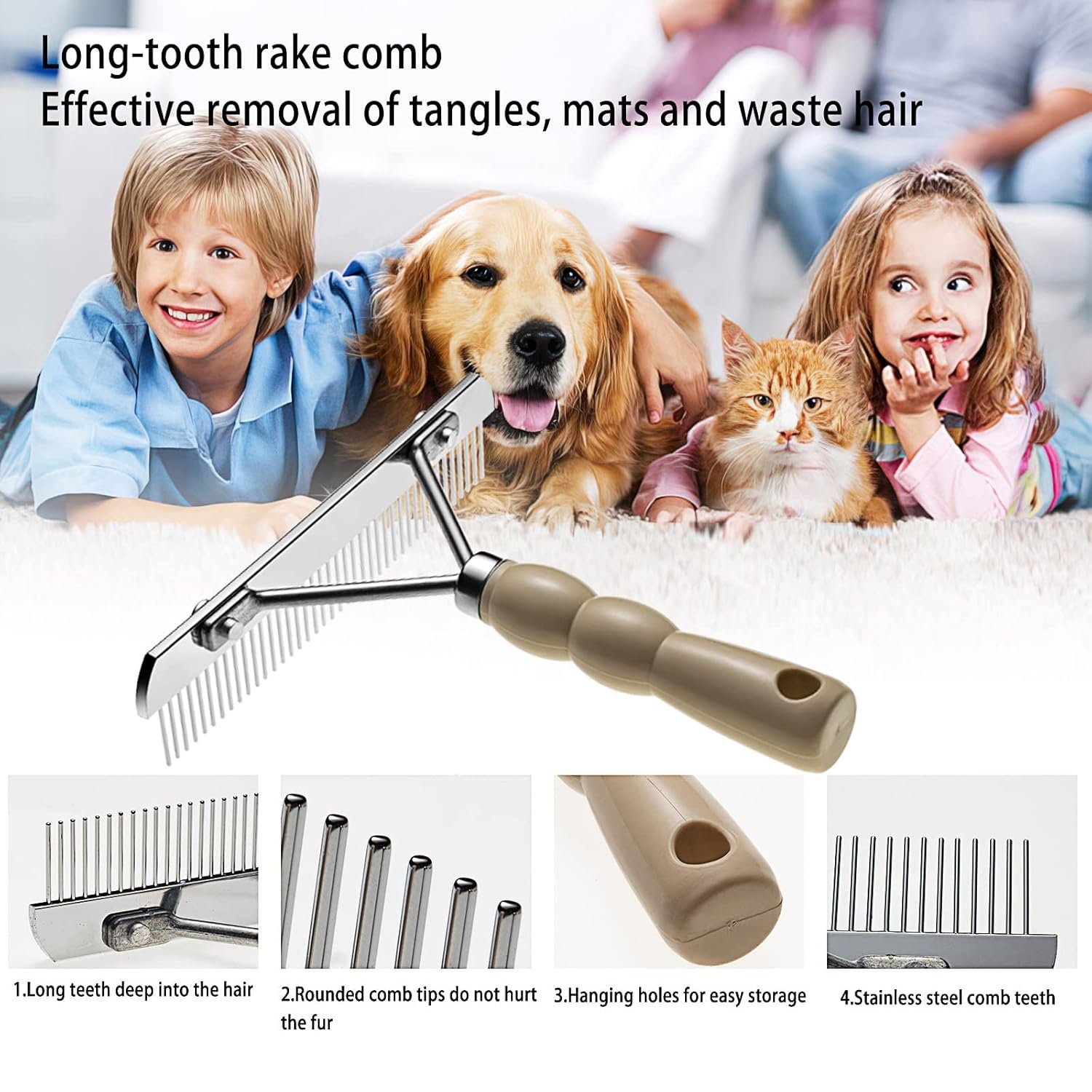Undercoat Rake for Dogs, 3 Pack Pet Grooming Brush Set Long Tooth Rake Brush & Double-Sided Teech Comb & Stainless Steel Shedding Comb, Long Haired Pet Grooming Tool Set for Horse Large Dog Cat - Image 4