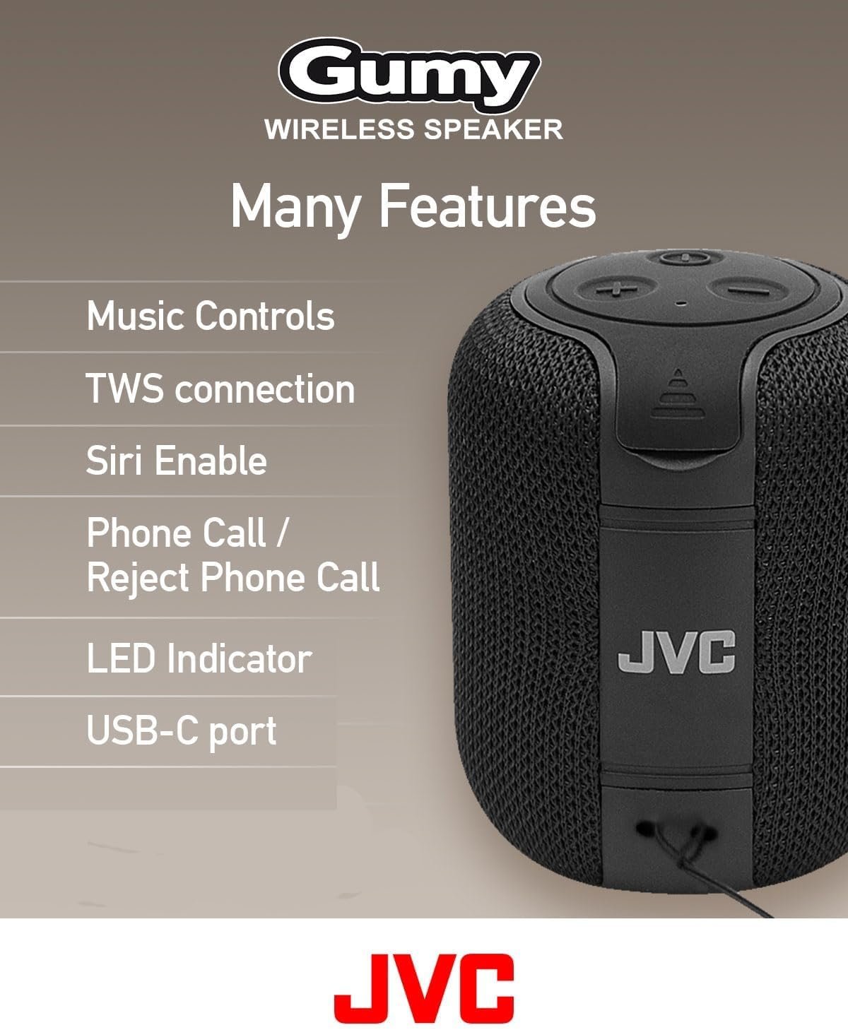 JVC Portable Gumy Wireless Speaker with Surround Sound, Bluetooth 5.3, Lightweight, TWS Capability, USB-C, up to 15-Hour Battery Life - SPSG1BTB (Black) - Image 7