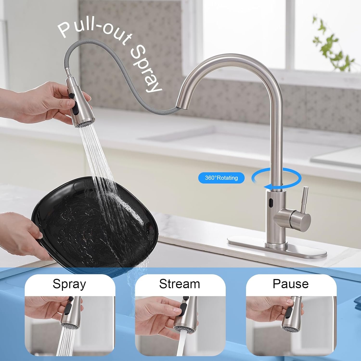 BWE Touchless Kitchen Faucet with Pull Down Sprayer,Single Handle Motion Sensor Kitchen Sink Faucet,High Arc Smart Commercial Faucet for Kitchen Sink Hands-Free,Brushed Nickel - Image 4