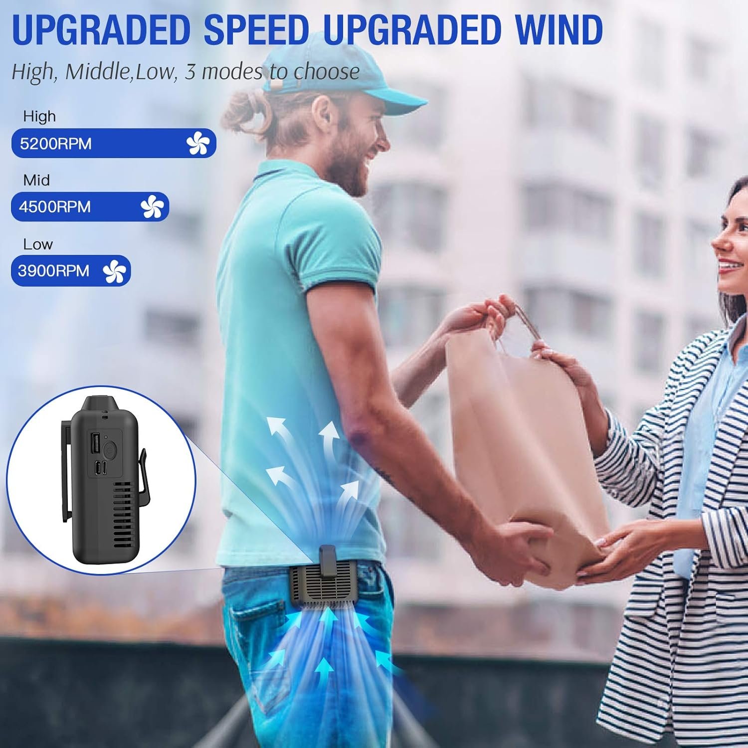 Koonie Portable Waist Fan, 5200RPM Strong Airflow 23H Working Time Hands-free Necklace Fan, Battery Powered 3-Speed Personal Fan 8000mAh for T-shirts, Jacket, Clothes, Fishing, Gardening, Climbing - Image 4