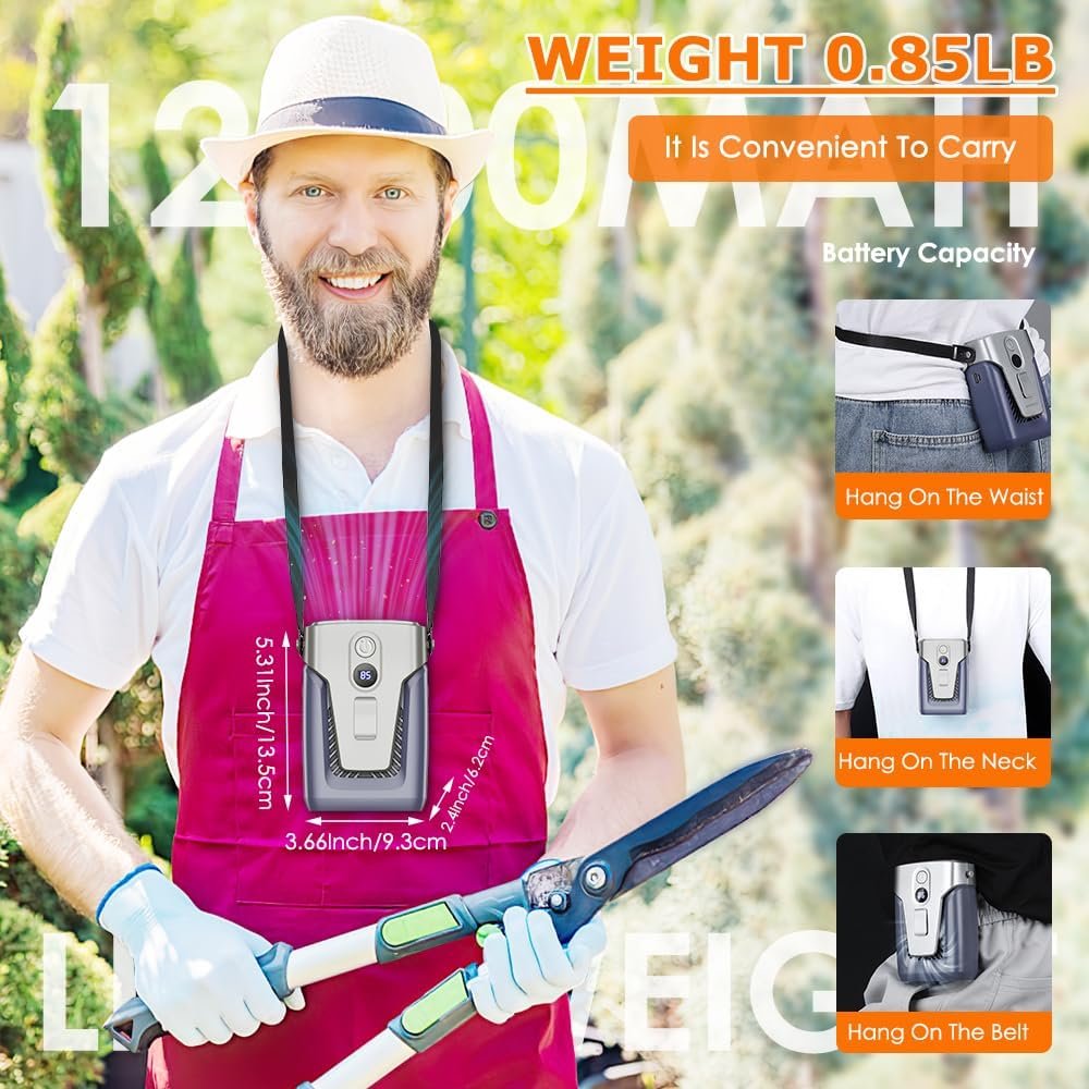 12000mAh Portable Waist Clip Fan, Personal Neck Fan with Lanyard, 30H Working Time, Wearable Body Belt Fan, LED Light, 3 Speeds, SWearable Fan for Outdoors, Jobsite, Travel,Riding,Farm - Image 3