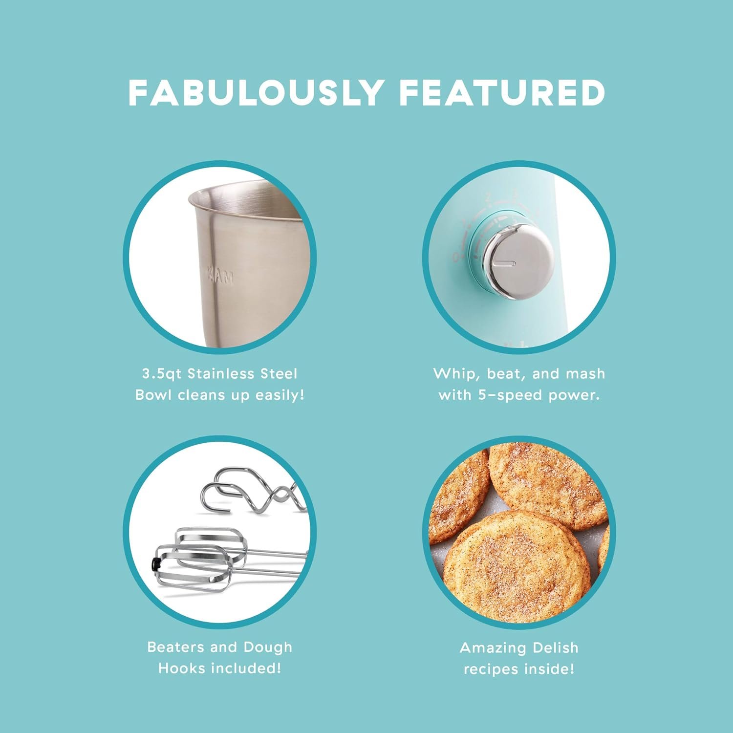 DASH Delish by DASH Compact Stand Mixer, 3.5 Quart with Beaters & Dough Hooks Included - Blue - Image 4